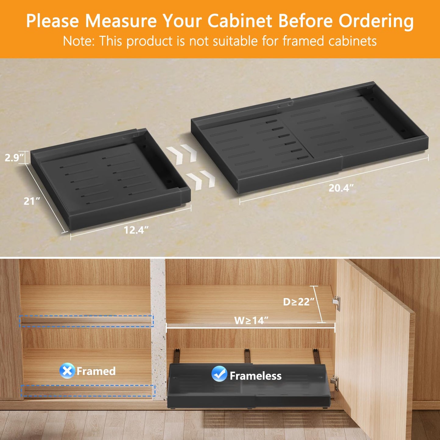 FENGBIAO 2 Pack Expandable Pull Out Cabinet Organizer 21" Deep, Upgrade 3 Slide Rails Slide Out Drawers for Kitchen Cabinets, No Drill Roll Out Shelves Adhesive, Adjustable Width 12.4"-20.4" Black