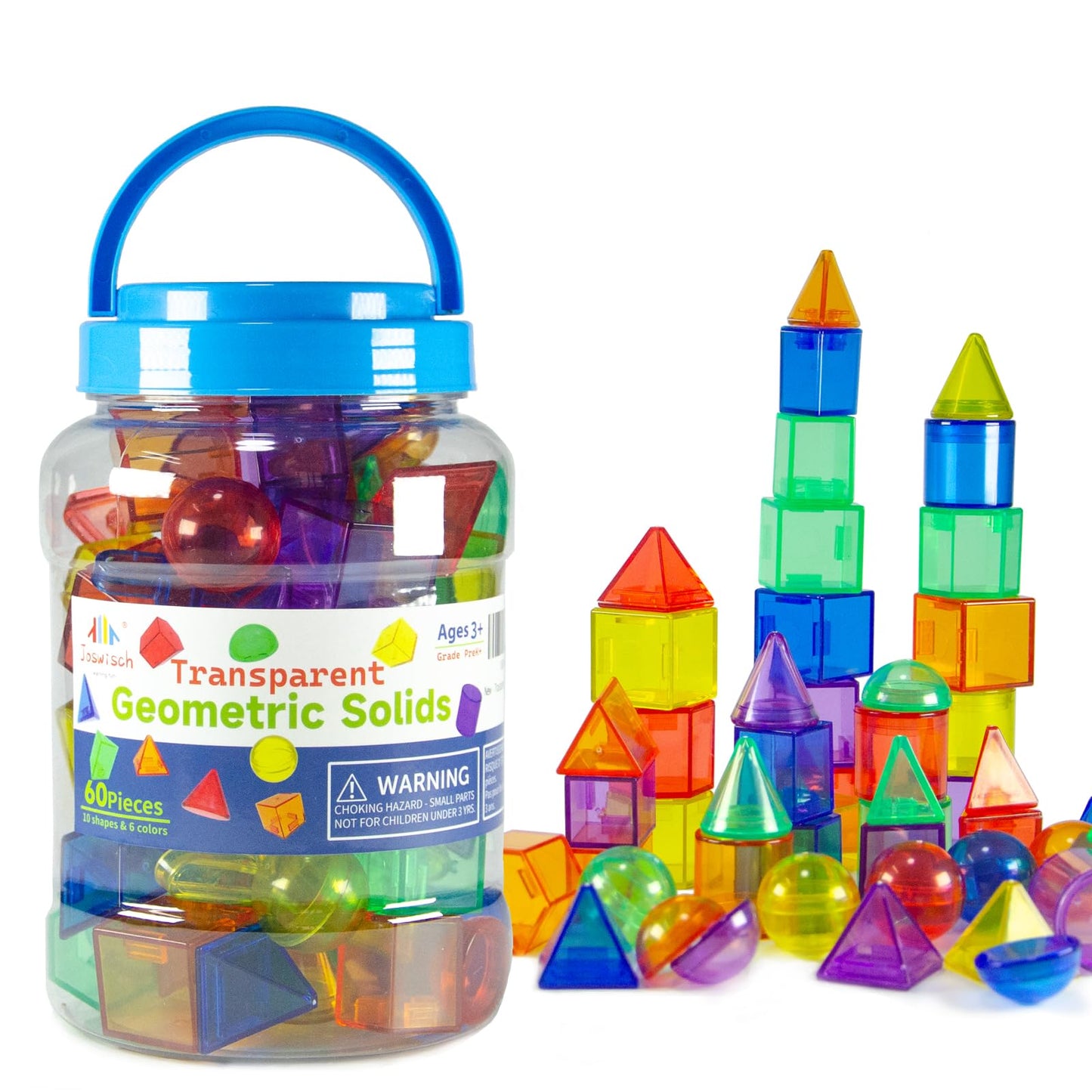 Joswisch 60 PCS 3D Shapes for Teaching, Geometric Solids - Geometric Shapes for Kids, Light Table Manipulatives, 3D Shapes Light Table Toys, Math Manipulatives for Classroom