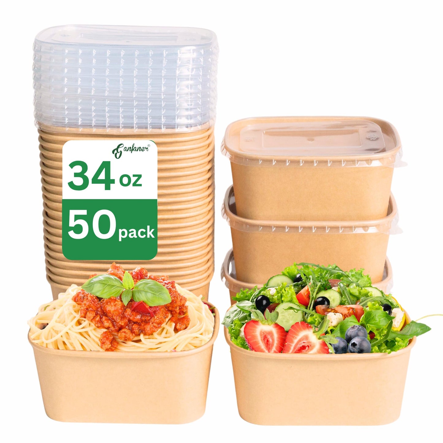 1000ml Disposable Paper Bowls, 50sets Kraft Paper Bowls w/Lids, 33oz Non-Spill Meal Prep Food Container, Great for Restaurant Salad Noodle Hot Cold Takeout