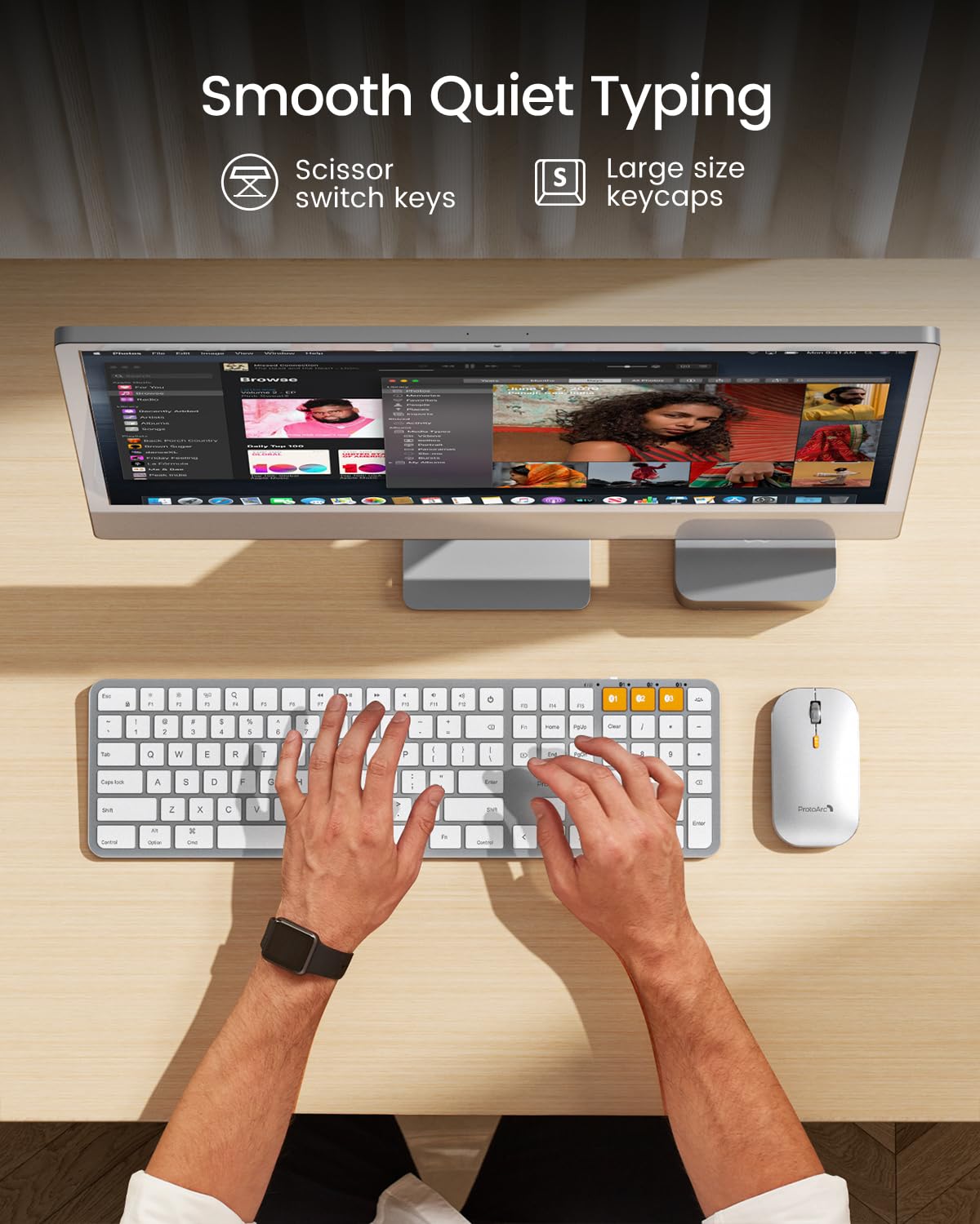 ProtoArc Backlit Bluetooth Keyboard and Mouse for Mac, KM100-A Multi-Device Wireless Keyboard Mouse for Mac, Full Size Rechargeable for MacBook Pro/Air, iMac, iPhone, iPad, White Silver