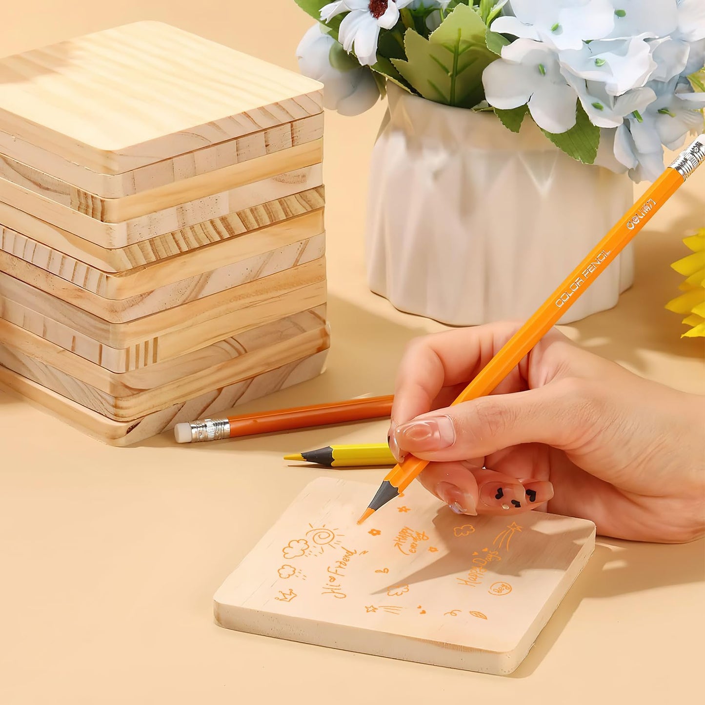 72 Pack Unfinished Wood Coasters for Crafts, 4 Inch Square Blank Wooden Coasters, Non-Slip Wooden Slices Pads Bulk for Winter Hot Drinks, DIY Stained Painting, Home Decoration