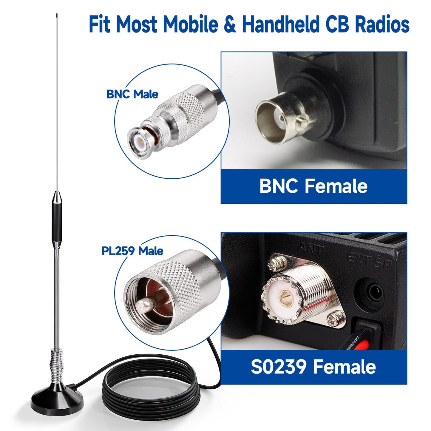 Bingfu 24 inch Magnetic CB Radio Antenna 27MHz PL259 & BNC Male Compatible with Cobra Midland Uniden Maxon President Mobile CB Radio Car Truck CB Antenna Kit