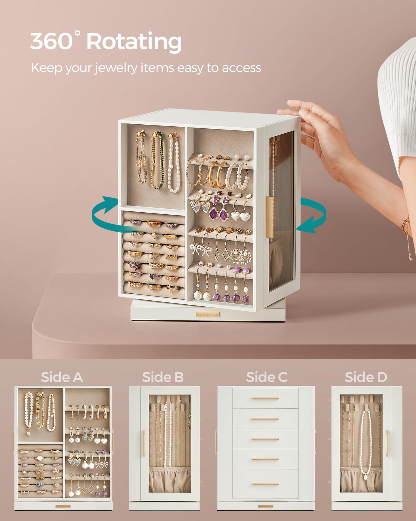 SONGMICS GISELLA Collection - Jewelry Box Organizer 360° Rotating, Large Vertical Jewelry Storage Case with 5 Drawers, Shiny Metal Hardware, Glass Window, Gift Idea, Cloud White UJBC170W01