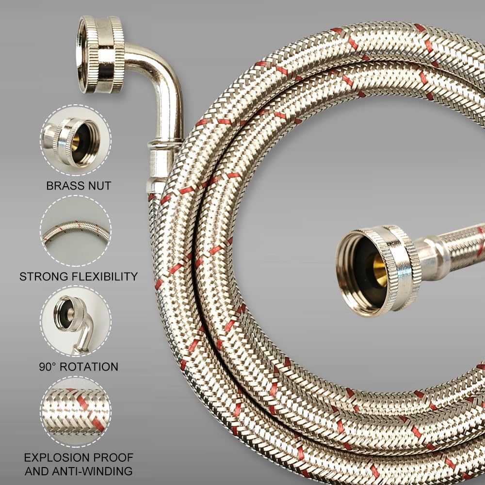PLUMBINGMASTER 10FT Stainless Steel Washing Machine Hoses with 90 Degree Elbows,2 Pack Red and Blue Washer Hoses,Burst Proof Hot & Cold Water Connection Inlet Washer Supply Lines