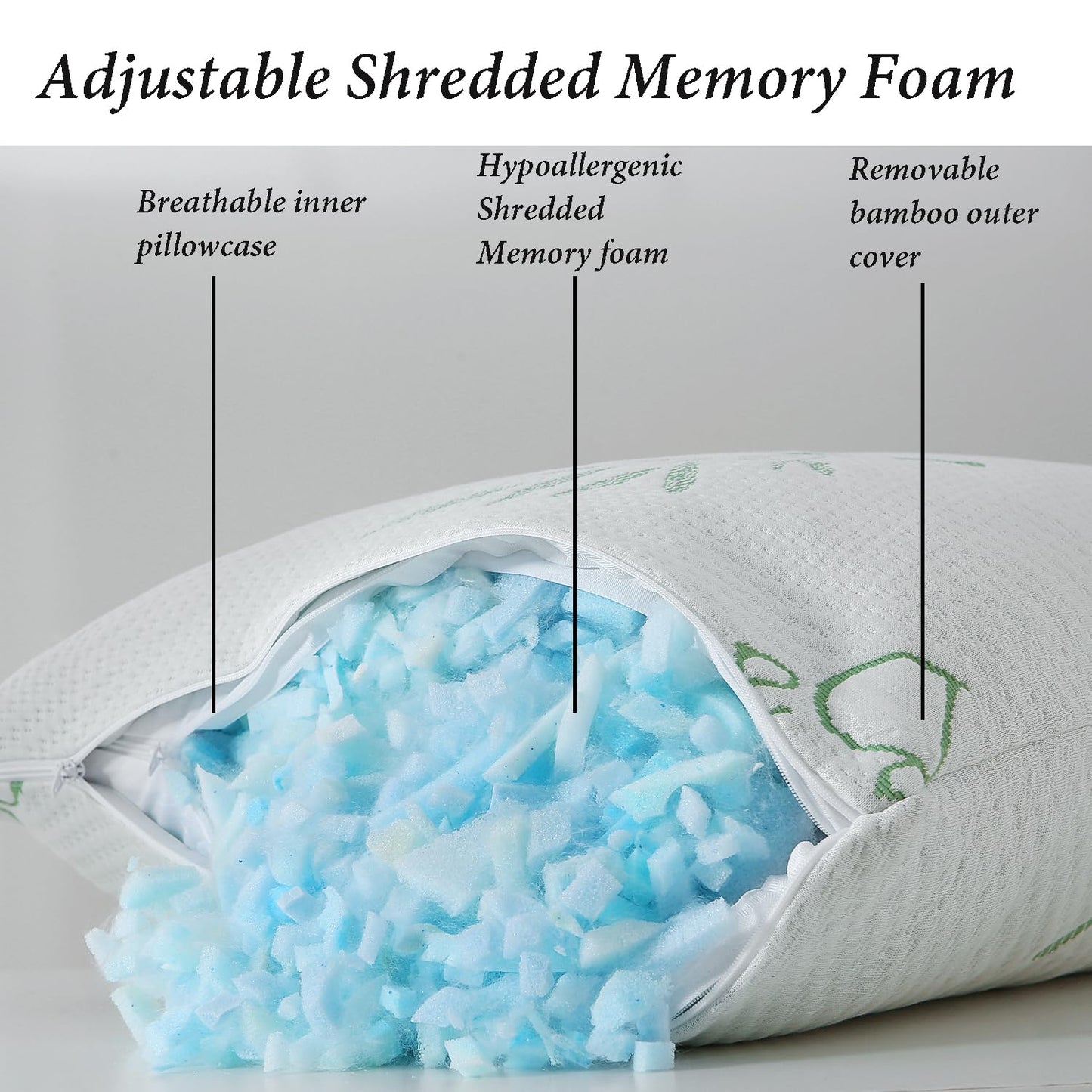 HOXXME Shredded Memory Foam Pillows for Sleeping, Cooling Bamboo Memory Foam Bed Pillow 2 Pack, Queen Size Firm Pillow Gel for Neck Support, Hotel Quality Bed Rest Pillow(Queen Set of 2)
