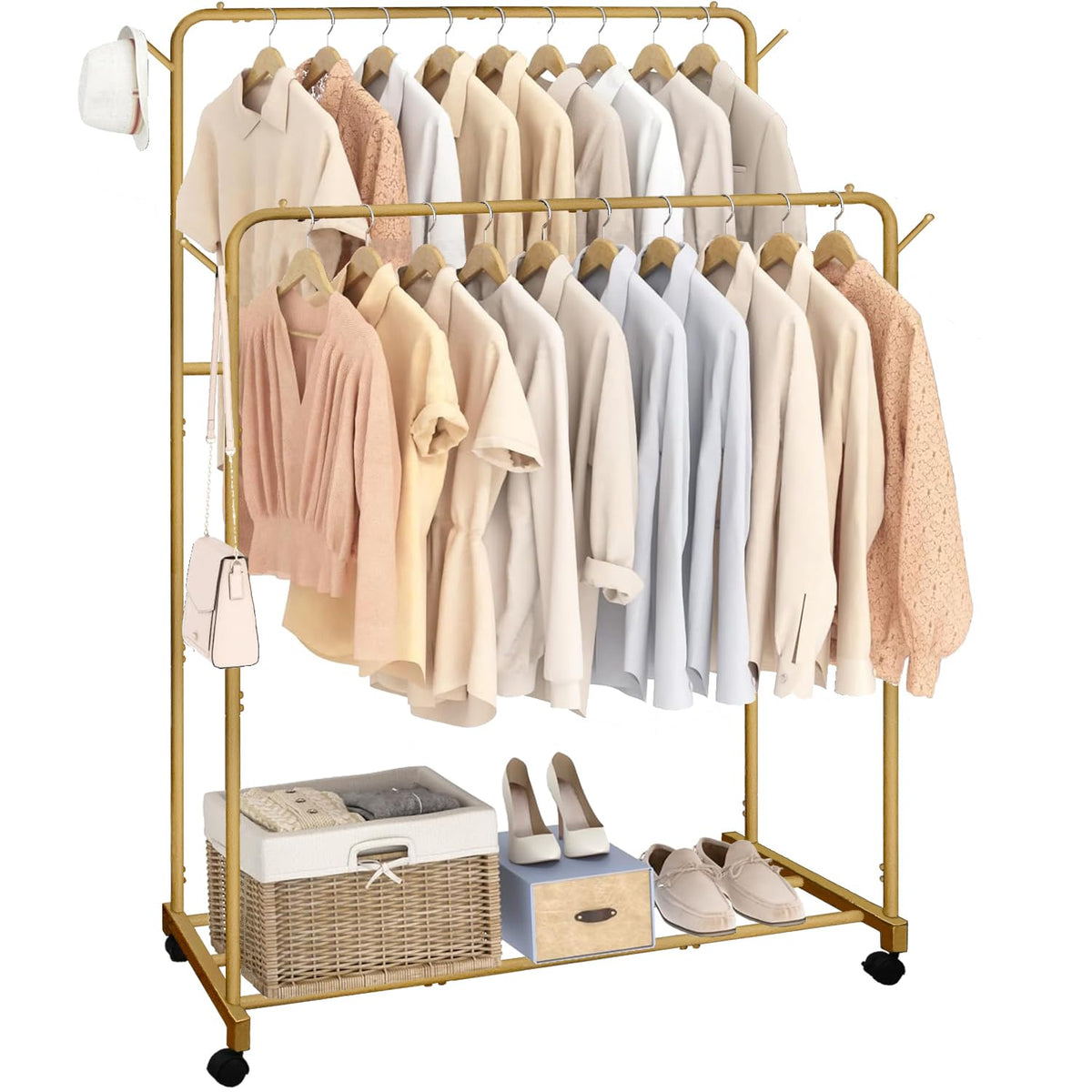 AT-VALY Double Rods Clothes Rack, Sturdy Metal Garment Rack with Wheels, Portable Wardrobe Rack with Bottom Shelf & Side Hooks, Heavy Duty Coat Hanger Stand for Bedroom, Laundry, Living Room,Gold