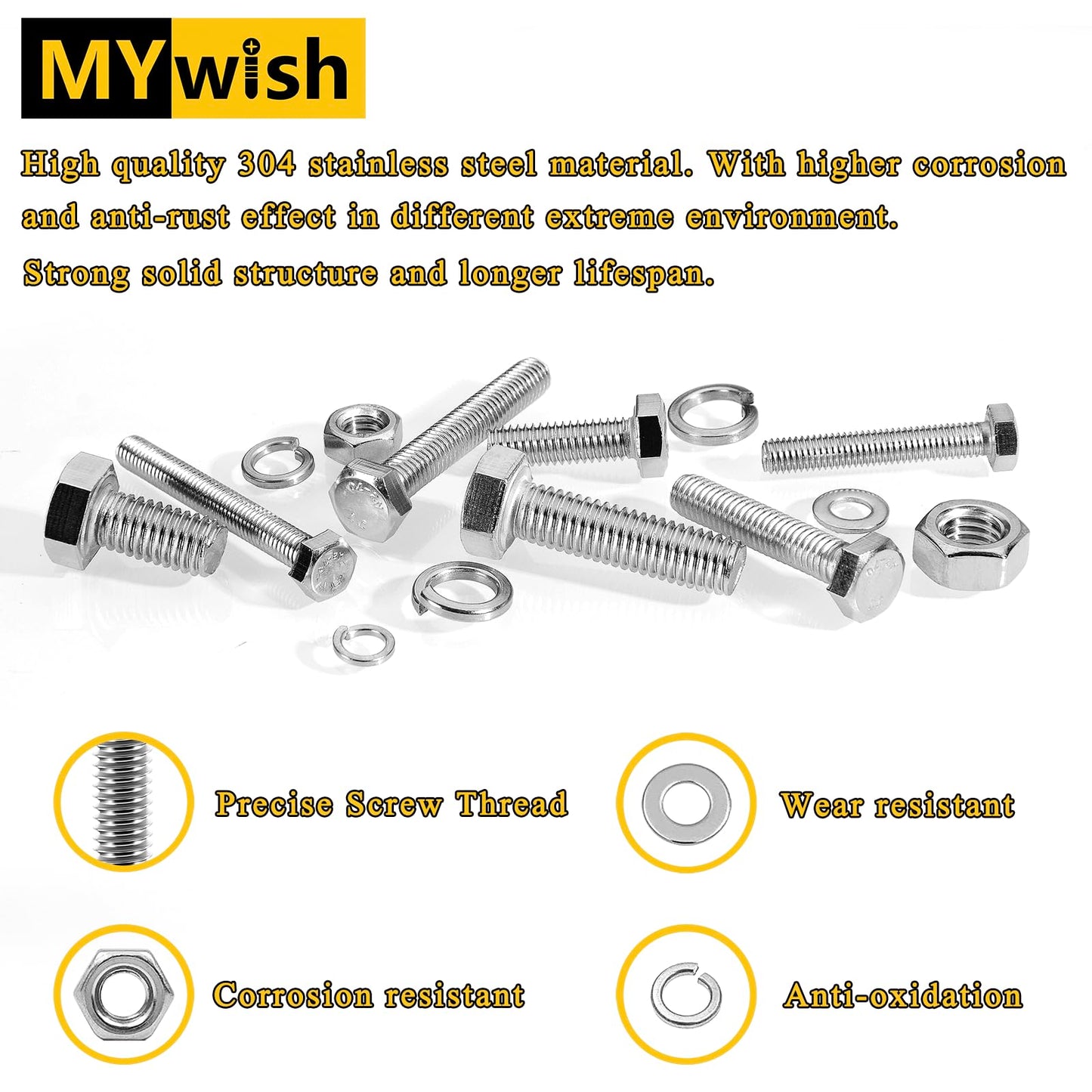 Mywish 448PCS M5 M6 M8 Bolt Screw Set, Metric Bolt Assortment, 304 Stainless Steel, Nut and Bolt Set Flat & Spring Washers, Hex Head Cap Screws Bolts and Nuts Kit, Fully Thread
