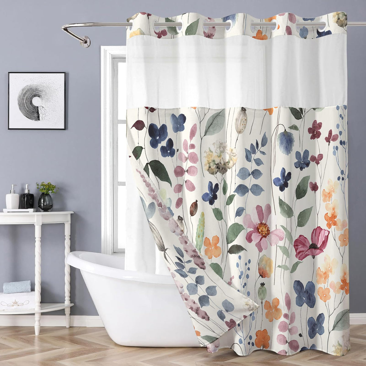 Shellspace No Hook 3 in 1 Shower Curtain with Snap in Liner, Colorful Flowers Shower Curtain Set with See Through Top Window, Machine Washable Waterproof Polyester Fabric Bath Curtain, 71 x 74 in