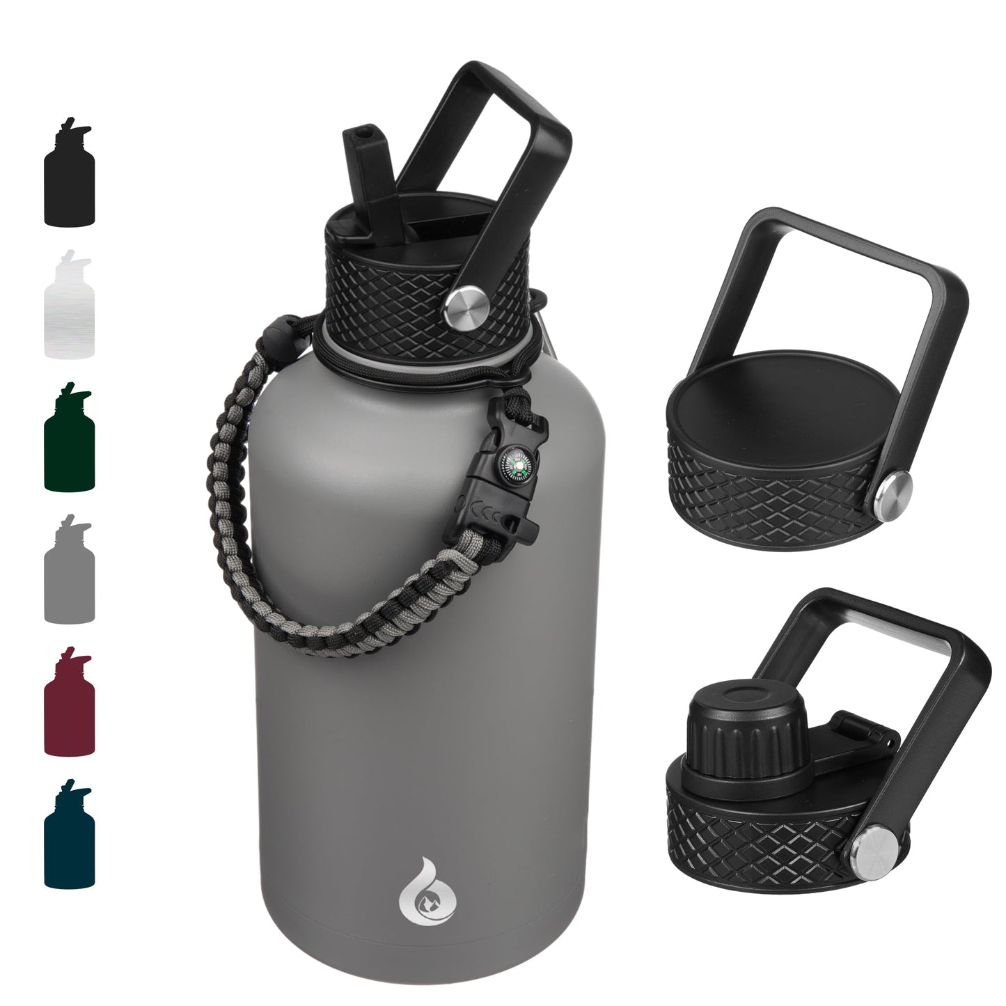 BJPKPK Half Gallon Insulated Water Bottles with Straw Lid, 64oz Large Water Jug, Stainless Steel Bottles with 3 Lids and Paracord Handle, Thermo for Hot & Cold Liquid, Gray
