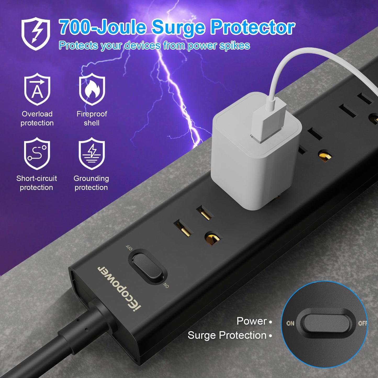 10FT Extension Cord Power Bar -Surge Protector Power bar with 5 Widely Outlets and 3 USB Ports(1 USB C Port),Flat Plug Extension Cord(1250W/10A),Wall Mount for Home Office,700 J(2 Pack)