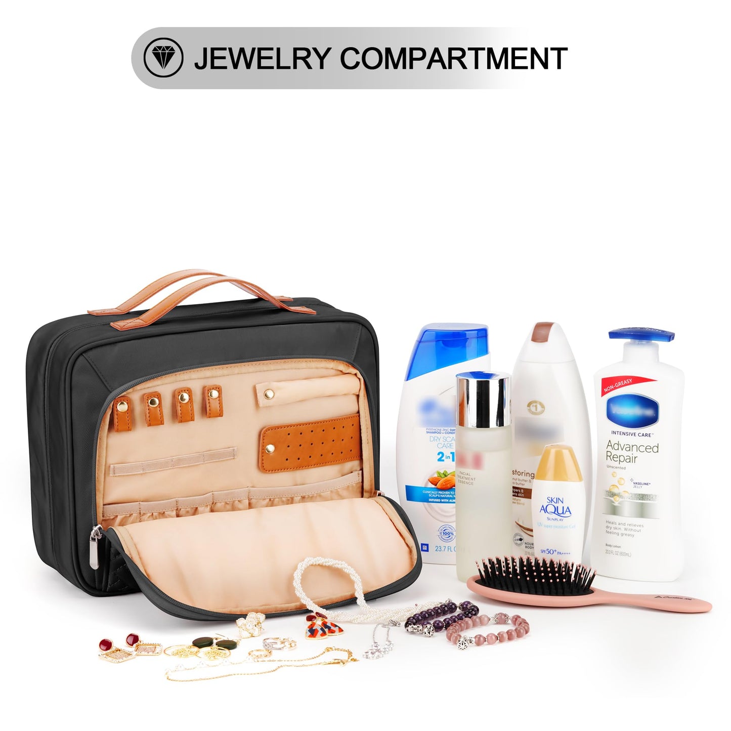 Travel Hanging Toiletry Bag for Women, with Jewelry Organizer Compartment, Large Waterproof Hanging Makeup Accessories, Cosmetic Essentials, Toiletries Dopp Kit Set with Trolley Belt, Black
