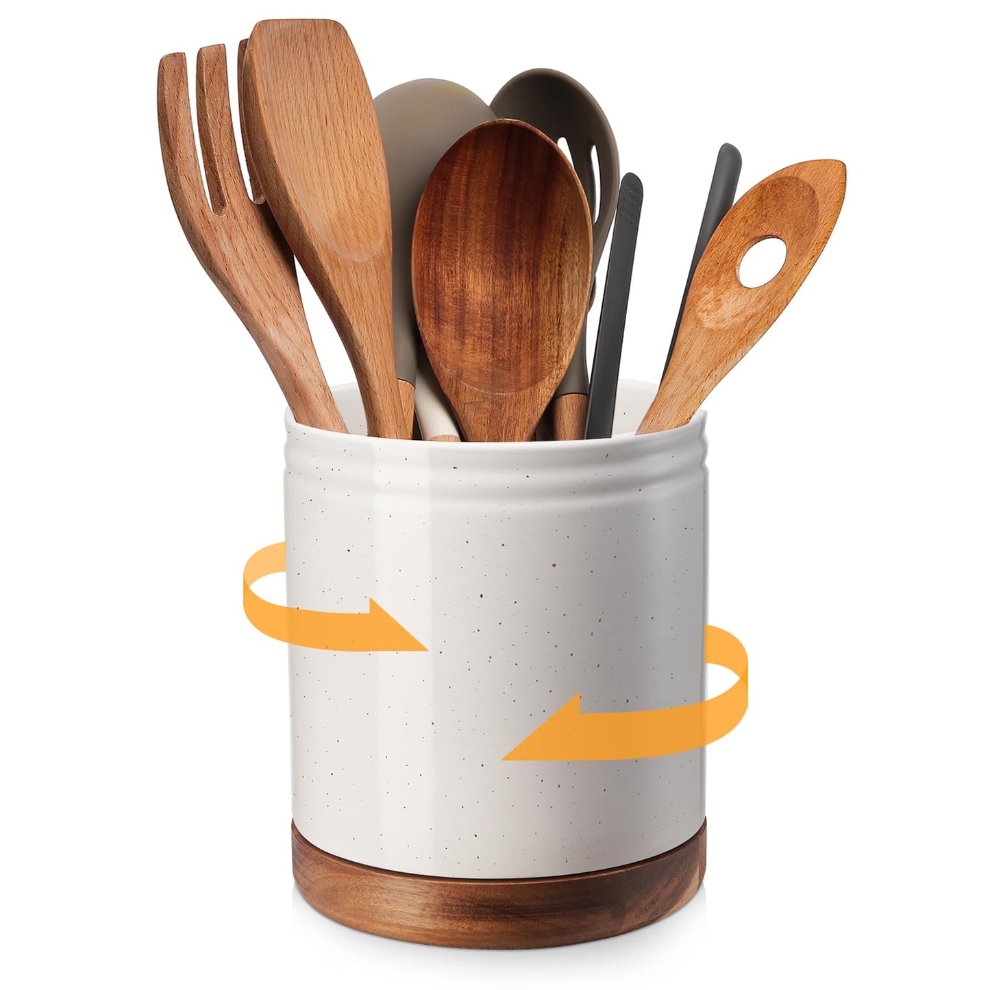 DOWAN 7.6" 360° Rotating Utensil Holder, Kitchen Utensil Holder for Countertop,Large Ceramic Utensil Crock for Kitchen Counter, Protection Cork Bottom, White
