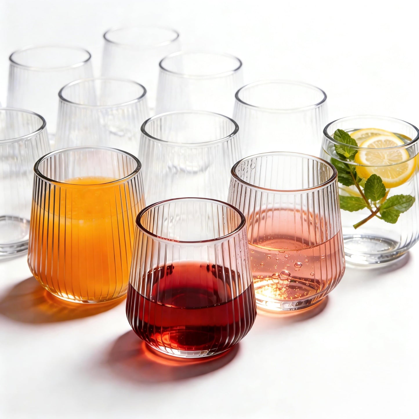 24pcs Plastic Wine Glasses - 14oz Unbreakable Stemless Ribbed Tumblers, Clear PET Disposable Cups for Wedding Party Camping, BPA-Free Reusable Cocktail Glasses (Hand Wash Only)