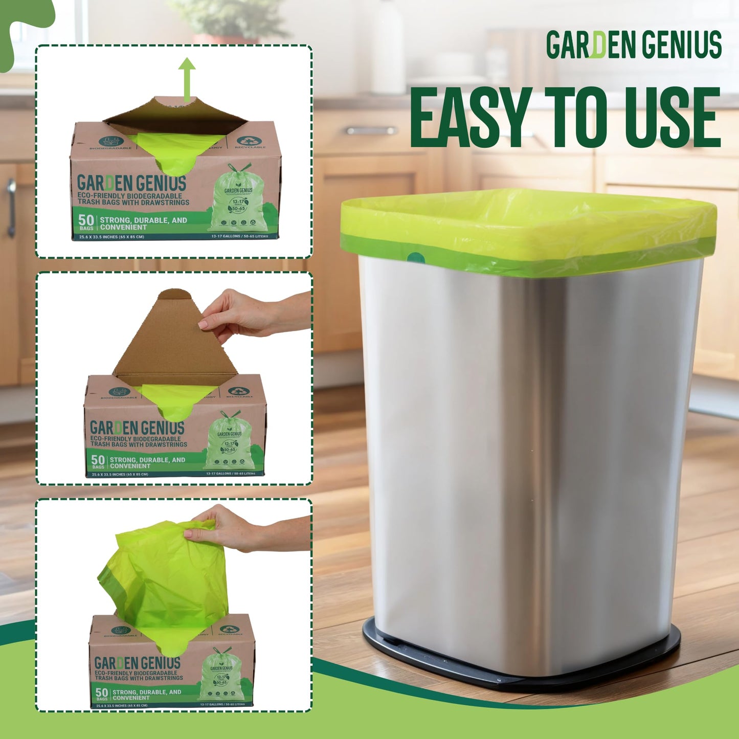 Biodegradable 13-17 Gallon Code-Q Kitchen Waste Bags (50 Pack) | Strong Heavy-Duty Tall Trash Bags w/Drawstring | Fits Simplehuman & Standard Cans | Eco-Friendly D2W, 30 Micron Thick | 25.6" x 33.5"