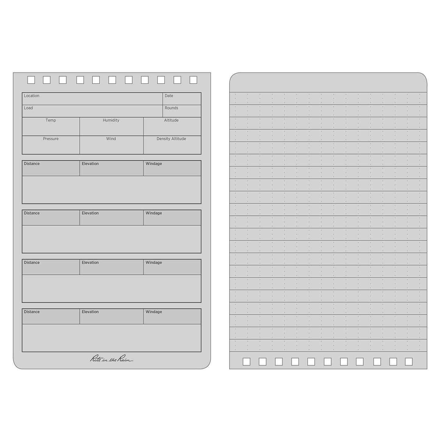 Rite in the Rain Weatherproof Top Spiral DOPE Logbook, 4" x 6", Black Cover, DOPE Pattern Front, Universal Pattern Back, 2 Pack (No. D746L2)
