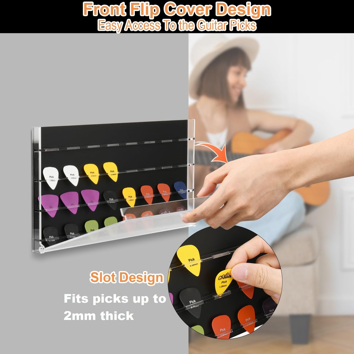 TXEsign Guitar Pick Wall Mount Display Case for Picks Storage and Display, Guitar Pick Display Frame Acrylic Storage Box Picks Organizer Hold Up to 32 Guitar Picks (Black)