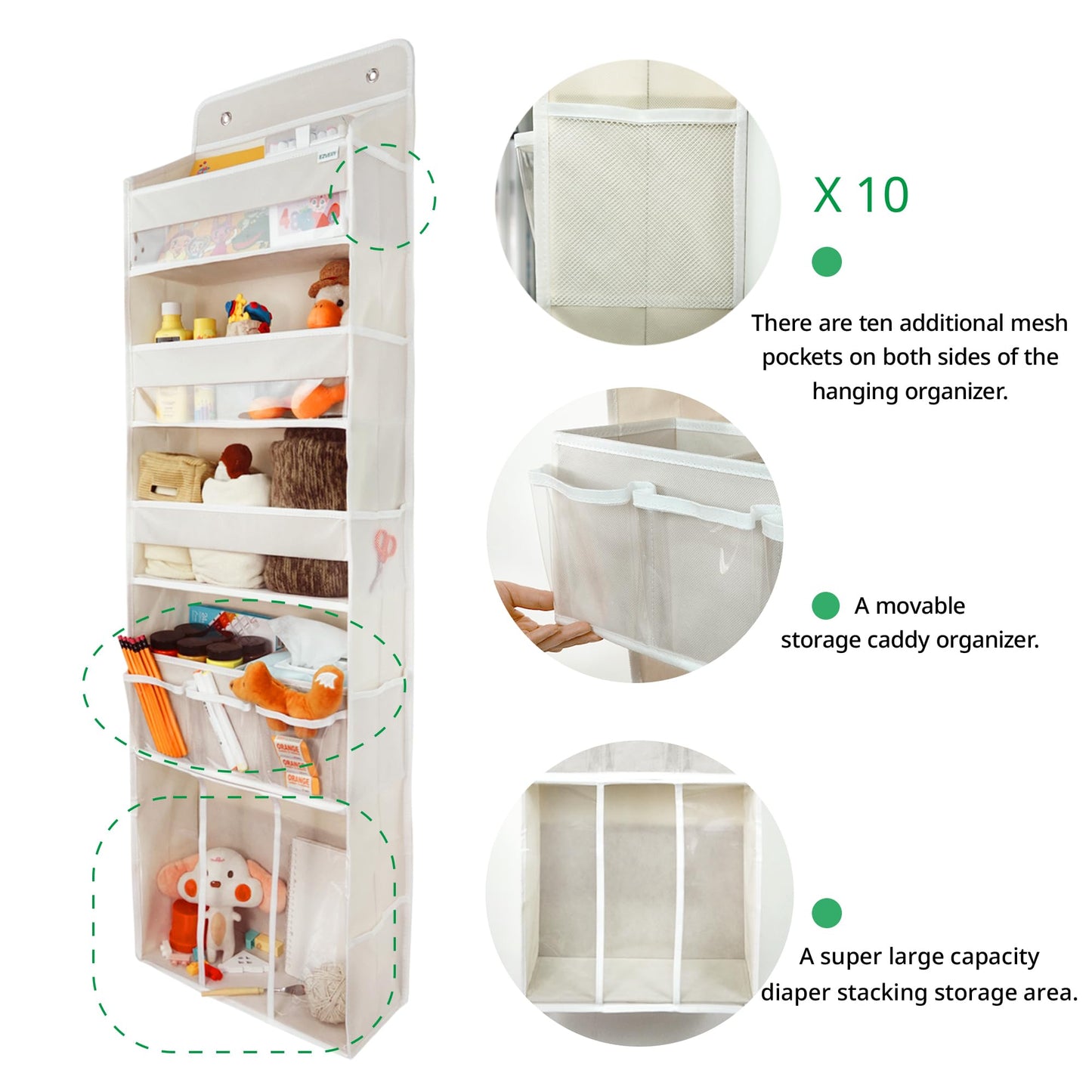 Door Hanging Storage Organizer,with 3 Bins 1 Movable Baby Diaper Caddy,1 Large capacity diaper stacking storage Organizer,10 Side Pockets,Bedroom Door Storage for Nursery Baby Essentials. (Beige)