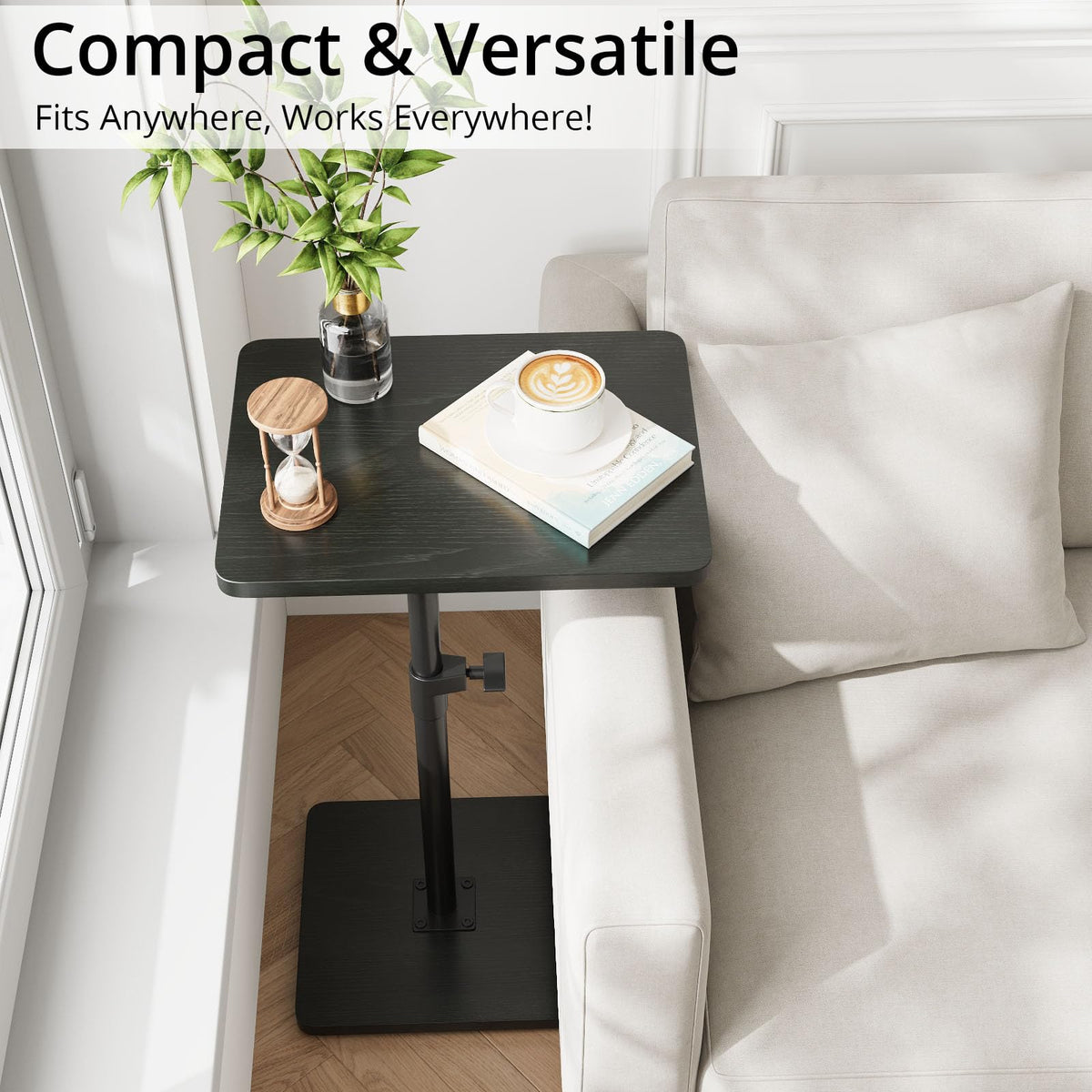 C Shaped End Table Adjustable Height, 360°Swivel TV Tray Table for Small Spaces, Couch Tables That Slide Under, Snack Side Table for Sofa, Bed, Chair, TV Table for Eating, Dinner or Laptop, Black