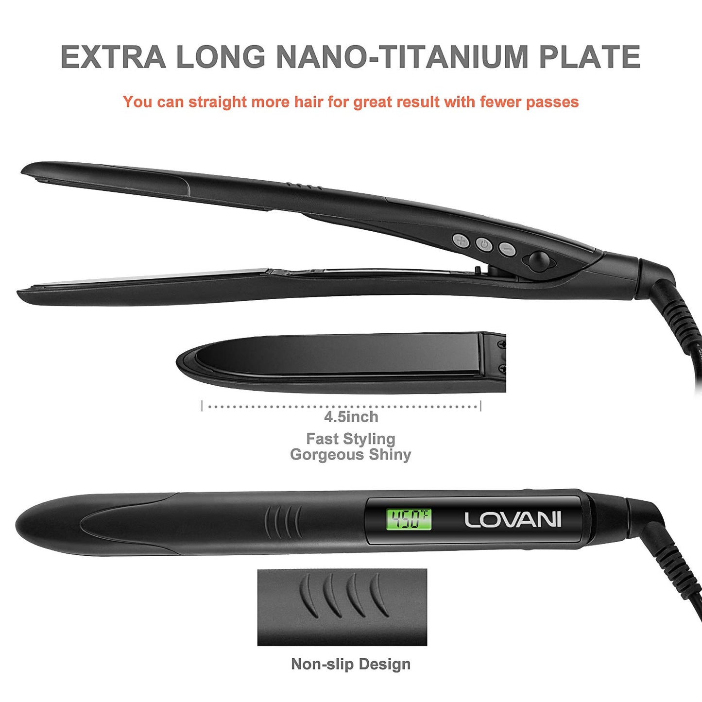 LOVANI Professional Flat Iron 450F LCD Display Salon Super Slim Hair Straightener with Heat Resistant Bag,2 Salon Clips Black