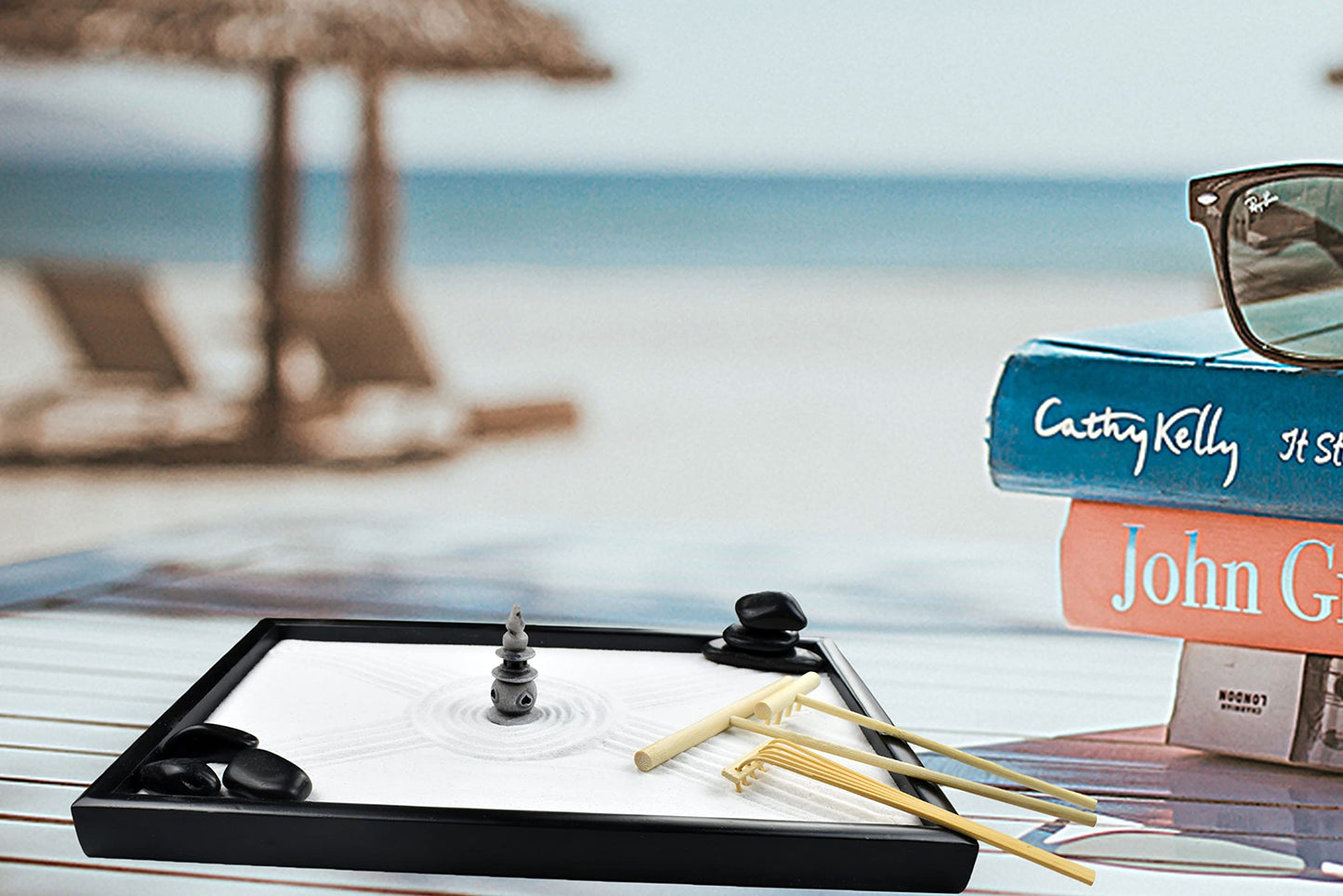 Artcome Japanese Zen Sand Garden for Desk with Rake, Stand, Rocks and Mini Furnishing Articles - Office Table Accessories, Mini Zen Sand Garden Kit - Meditation Gifts