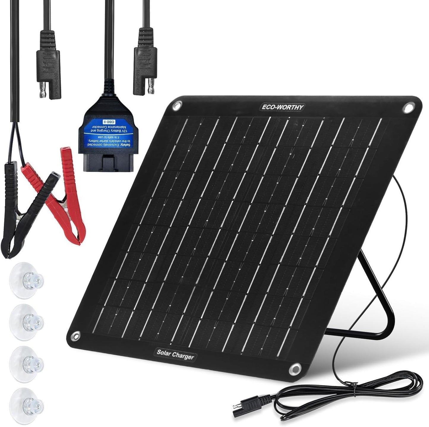 ECO-WORTHY Solar Battery Charger, 10W 12V Trickle Charger Maintainer with Upgrade OBD, Portable Bracket, Waterproof Solar Panel for RV, Motorcycle, Truck, Boat, Mower, Trailer, ATV