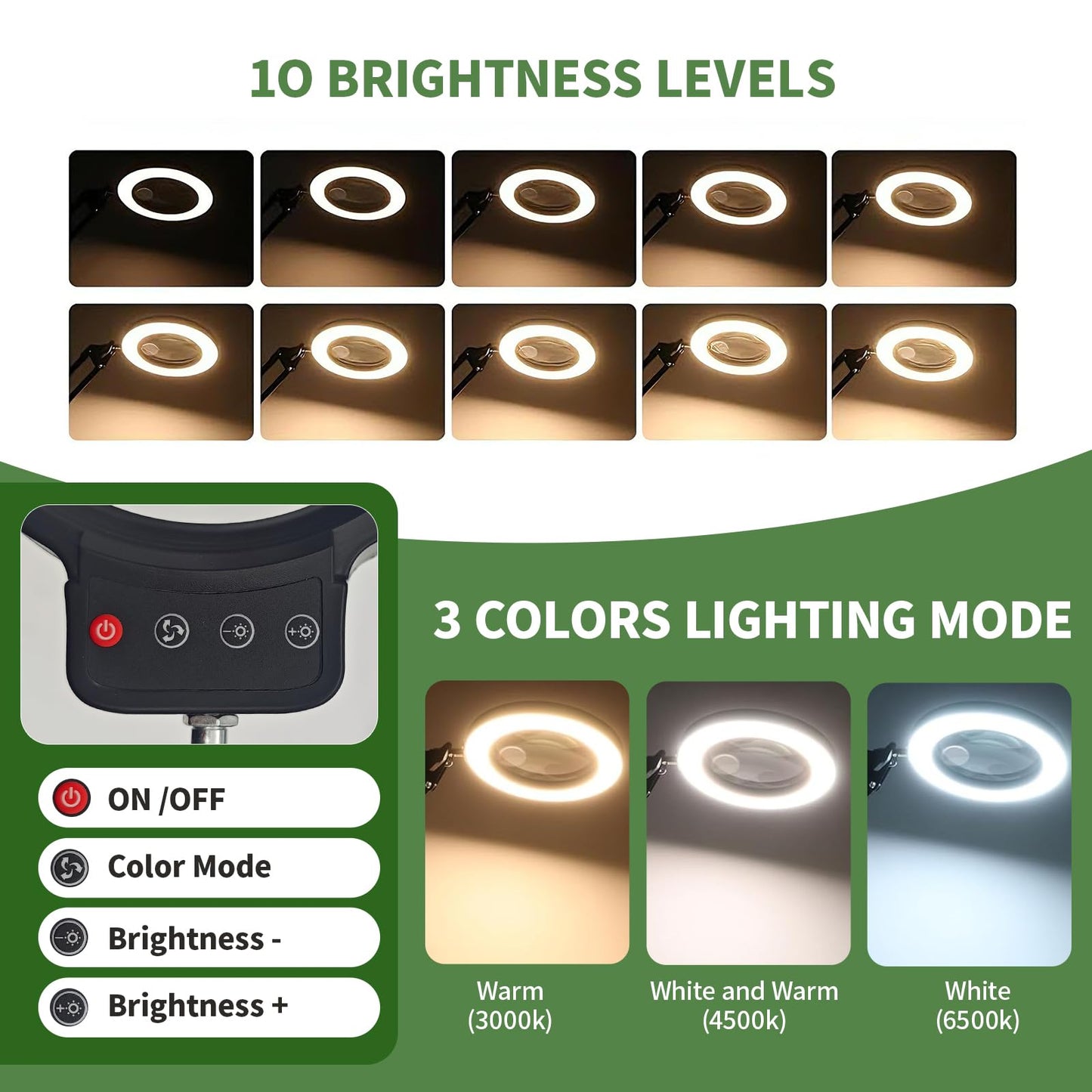 10X/20X Magnifying Glass with Light and Stand, LED Desk Lamp with Base and Clamp, 3 Color Mode, 10 Dimmable Levels Desktop Magnifier, Hands Free for Reading Crafts Jewelry Sewing Close Work