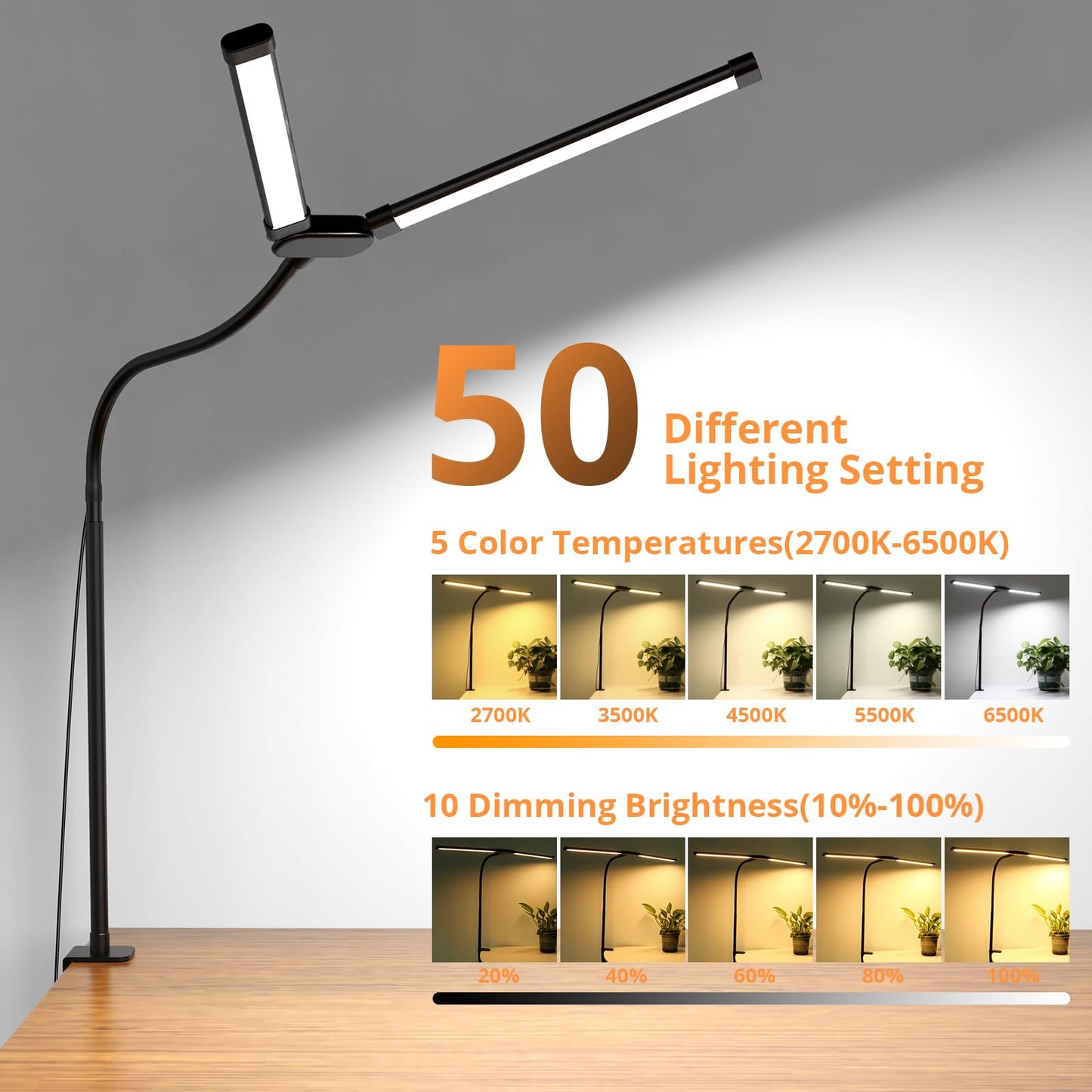 Desk Lamp with Clamp, Eye-Caring Desk Light with 50 Lighting Modes, Wide Double Head, Adjustable Architect Light Flexible Neck, Table lamp for Home Office, Computer, Craft(Includes Adapter)