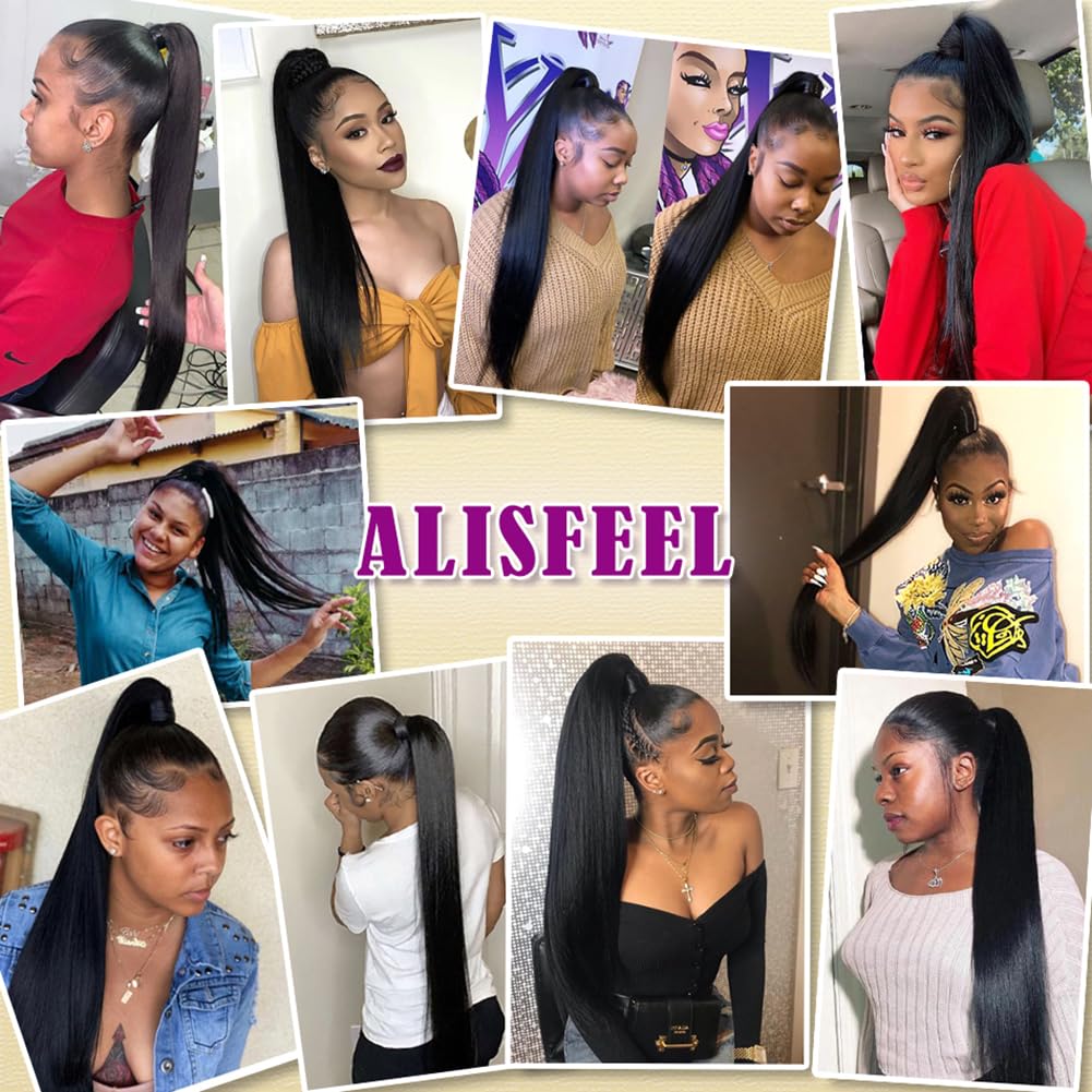 Alisfeel Wrap Around Ponytail Human Hair Extensions 10A Brazilian Straight Ponytail for Black Women Unprocessed Remy Human Hair Pony Tail with Magic Paste Clip In Extension Hairpiece 110g (22 Inch)