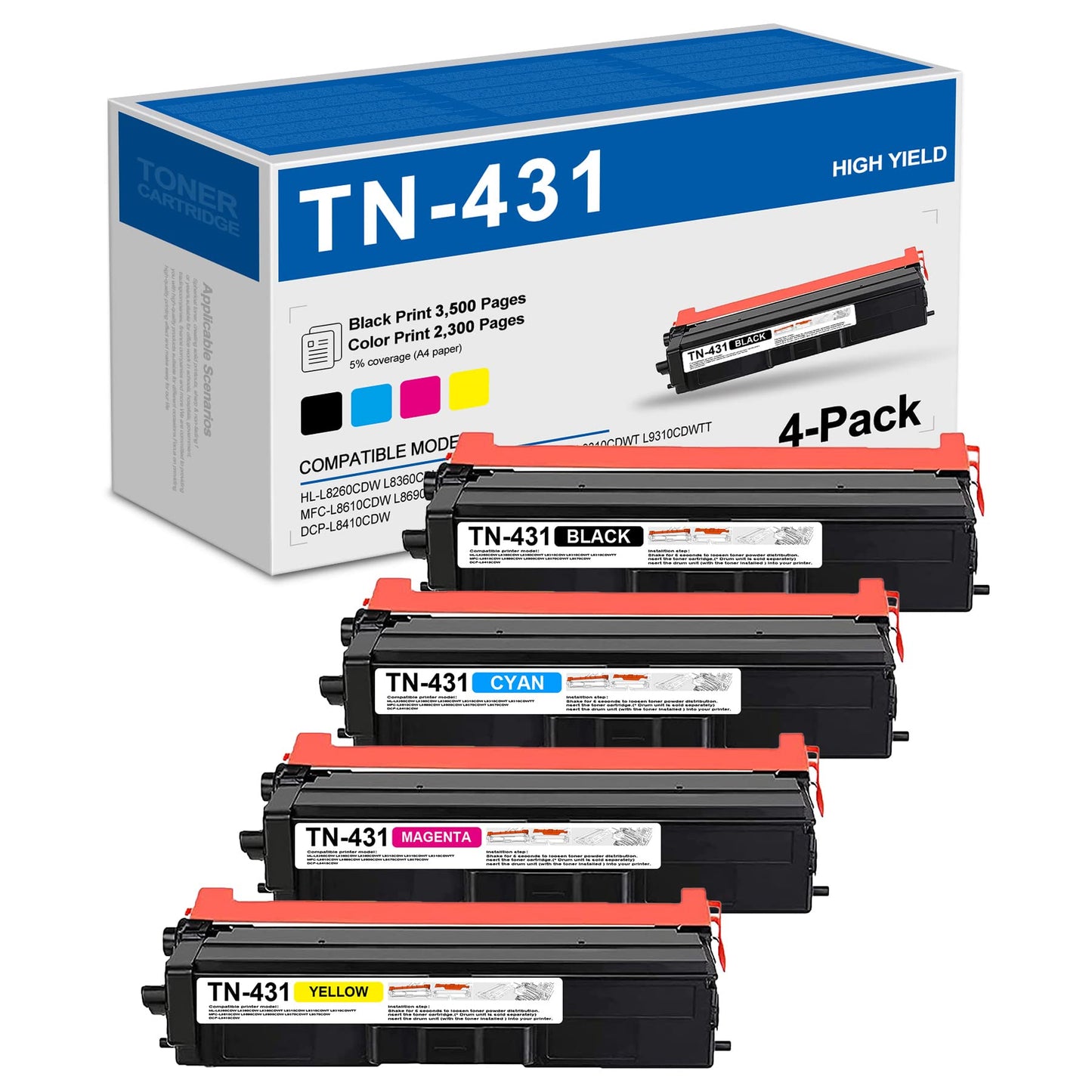 TN431 4PK TN-431BK TN431C TN-431M TN431Y Compatible TN431 High Yield Toner Cartridge 4 Pack Replacement for MFC-L8690CDW L8900CDW L9570CDW L9570CDWT DCP-L8410CDW Printer,TN431Ink(1BK/1C/1M/1Y), Black