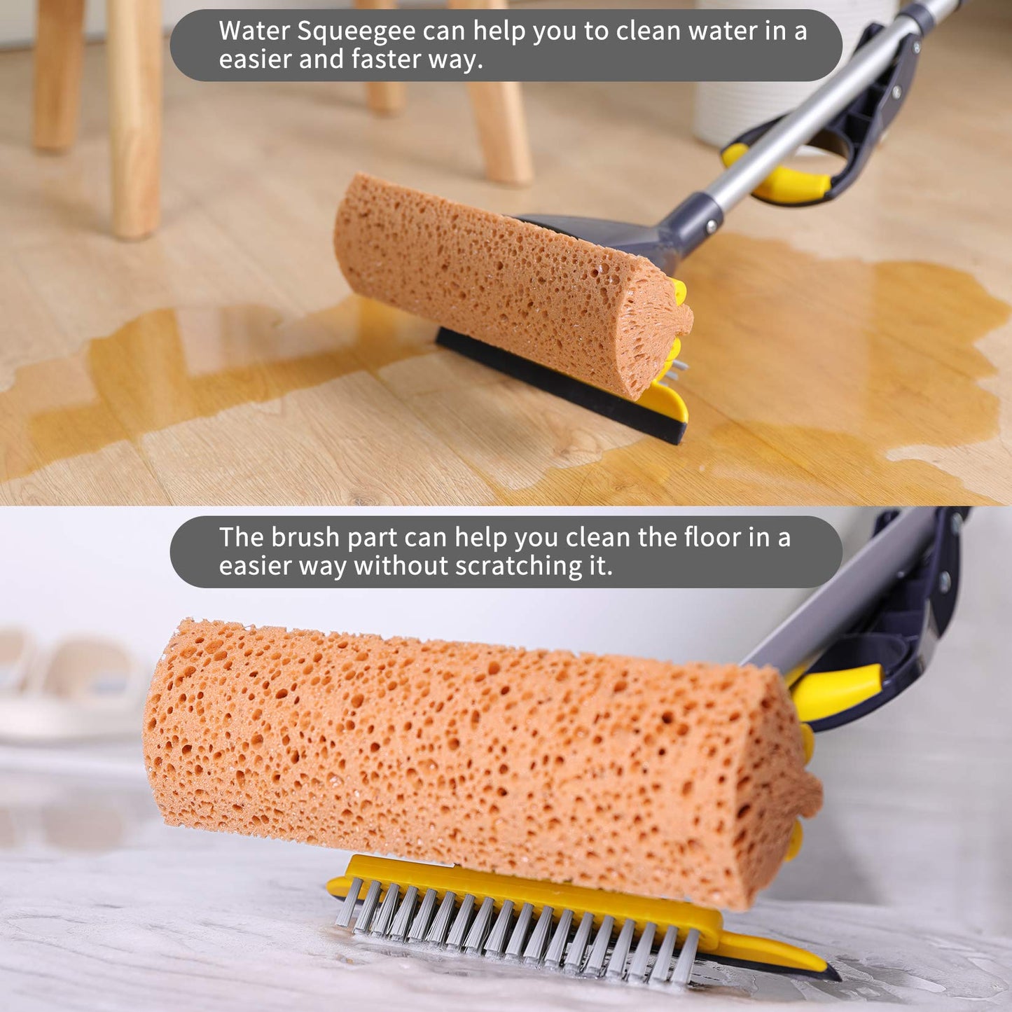 Yocada Sponge Mop Home Commercial Use Tile Floor Bathroom Garage Cleaning with Squeegee and Extendable Telescopic Long Handle 41-53 Inches Easily Dry Wringing