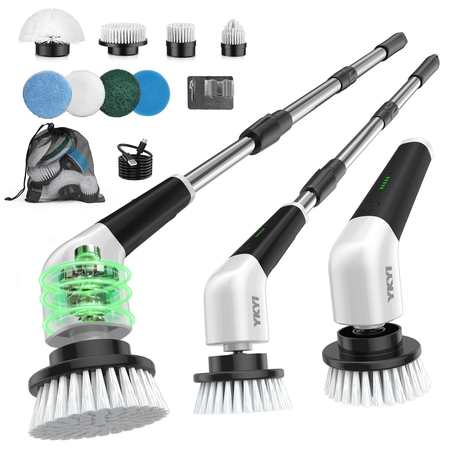 YKYI Electric Spin Scrubber,Cordless Electric Cleaning Brush,Shower Scrubber with 8 Replaceable Brush Heads,Power Scrubber 2 Adjustable Speeds,Bathroom Brush with Long Handle for Bathtub,Tile (White)