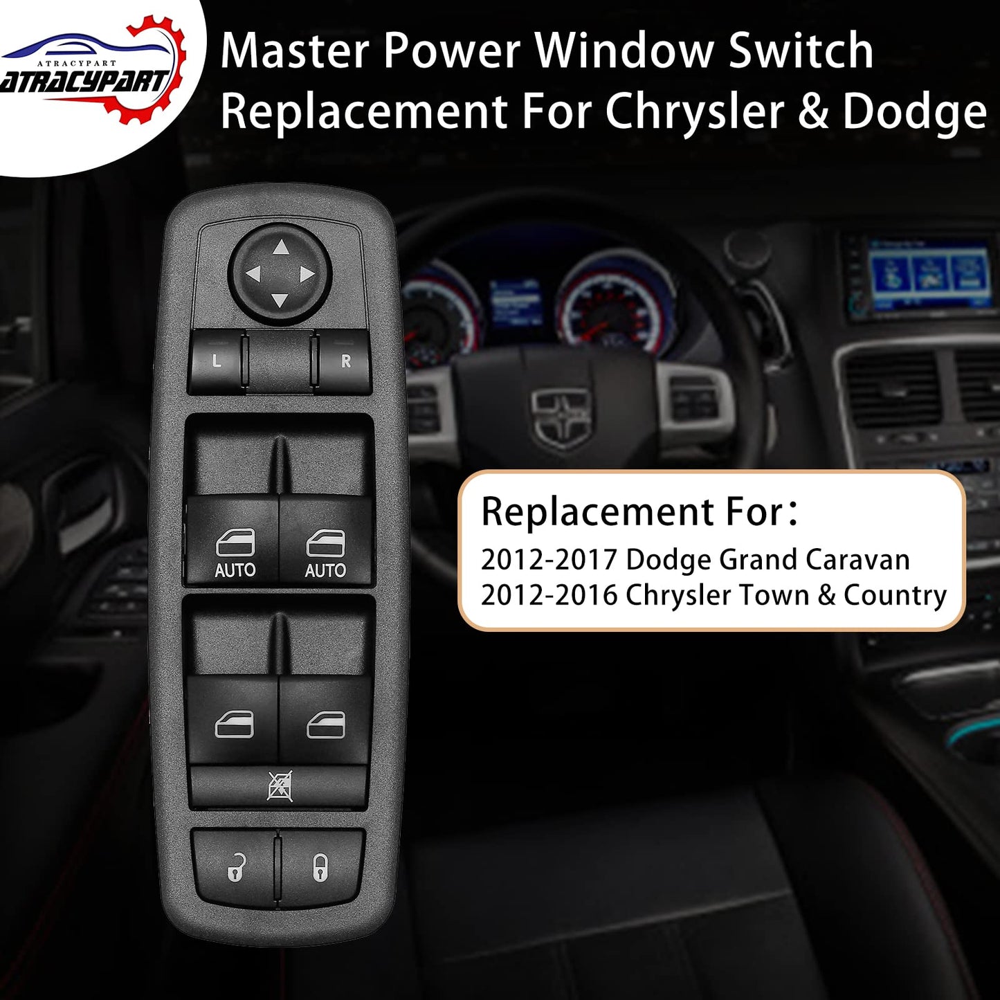Master Power Window Switch | 3 PINS + 0 PINS Check Required | Replacement for 2012 – 2017 Dodge Grand Caravan, Chrysler Town & Country | Replaces# 68110871AA, 04602535AI