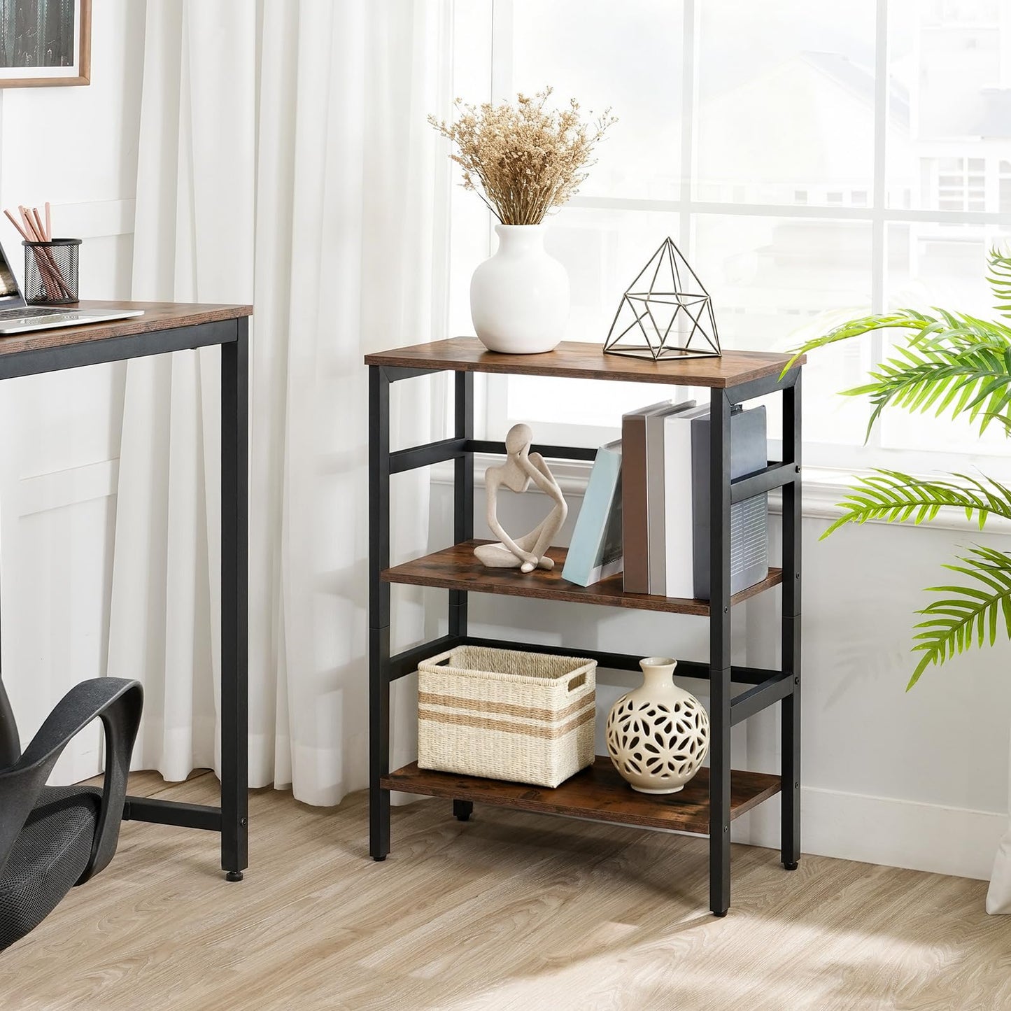 HOOBRO 3 Tier Bookshelf, 60 cm Industrial Bookcase, Record Storage Rack with Side Fence, Storage Shelf with Metal Frame, Rustic Open Display Shelf for Living Room, Bedroom, Rustic Brown BF86CJ01G1