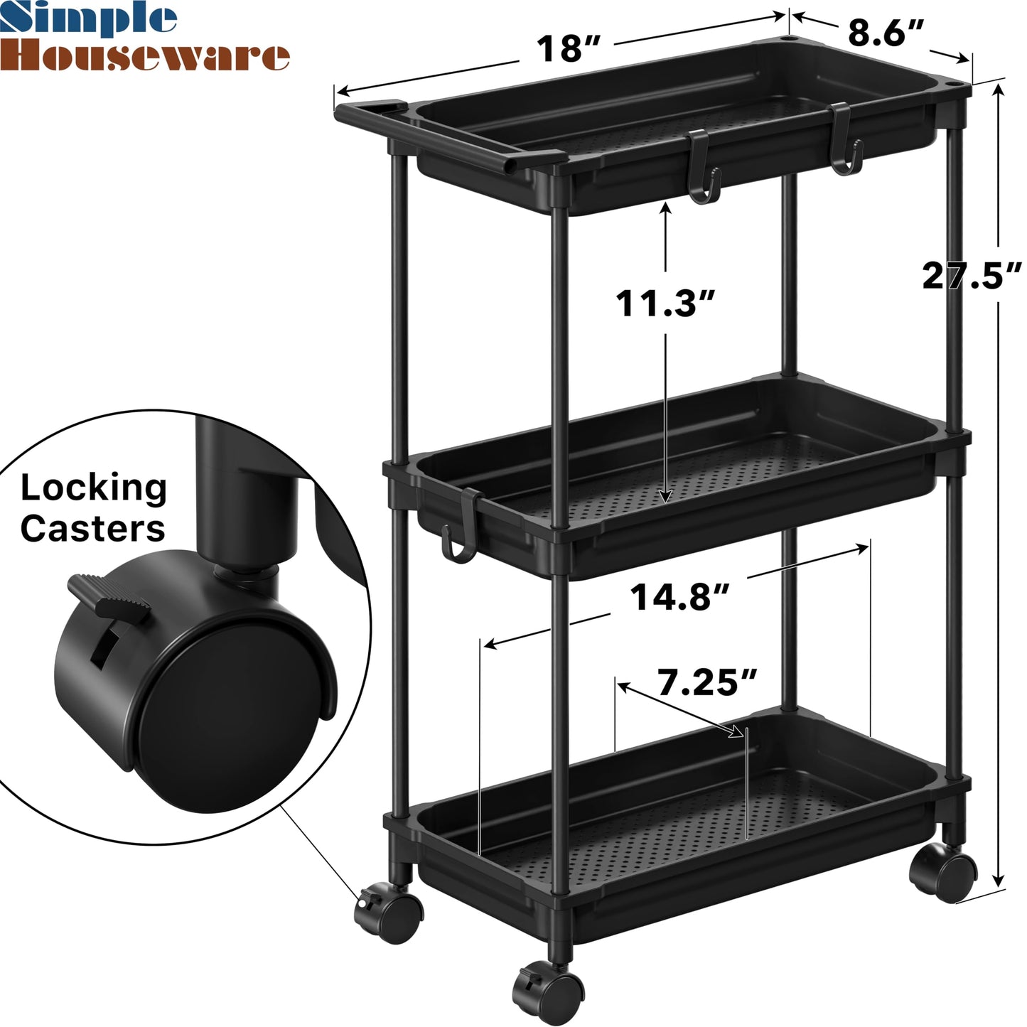 Simple Houseware 3-Tier Slim Storage Cart - Narrow Rolling Utility Cart on Wheels for Tight Spaces - Bathroom, Kitchen & Laundry Organizer, Black