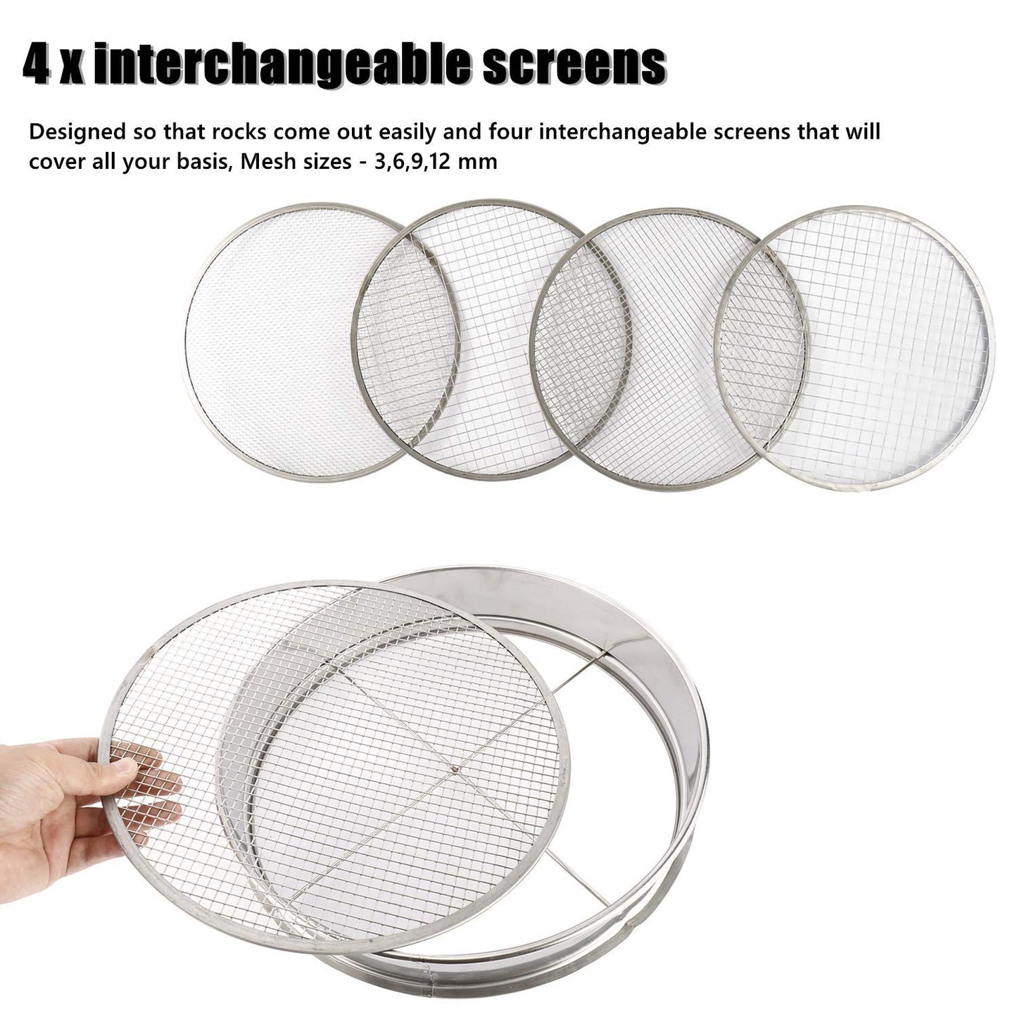 YaeCCC Garden Potting Mesh Sieve, Stainless Steel Soil Sieve Set Mix Soil Filter with 4 Interchangeable Mesh Sizes (3, 6, 9, 12mm)