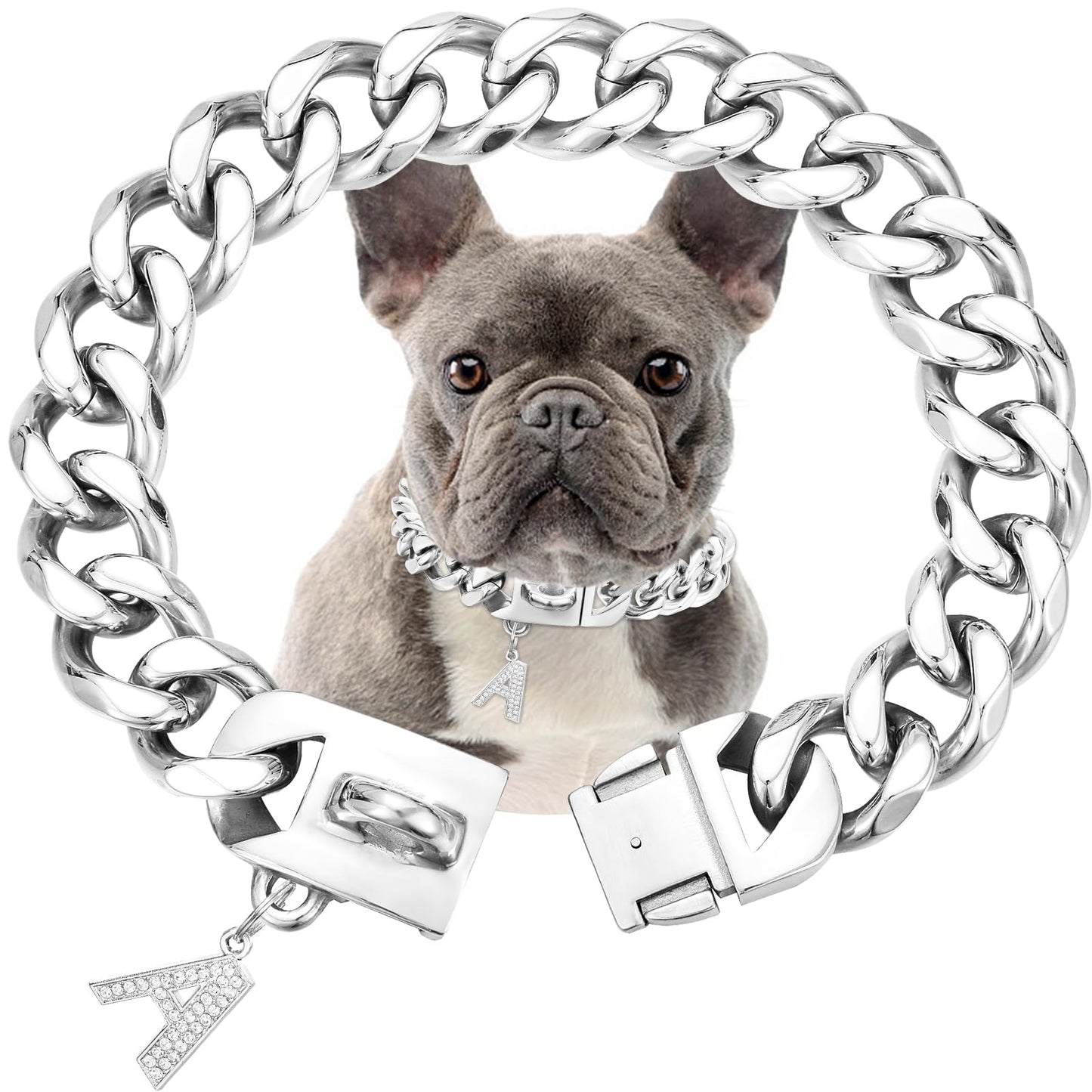 Heavy Duty Gold Dog Chain Collar with Pendant Set 23mm Wide Solid Cuban Link Chains Strong Stainless Steel Chew Proof Collars for Pitbull Large Dog(Silver,22IN)