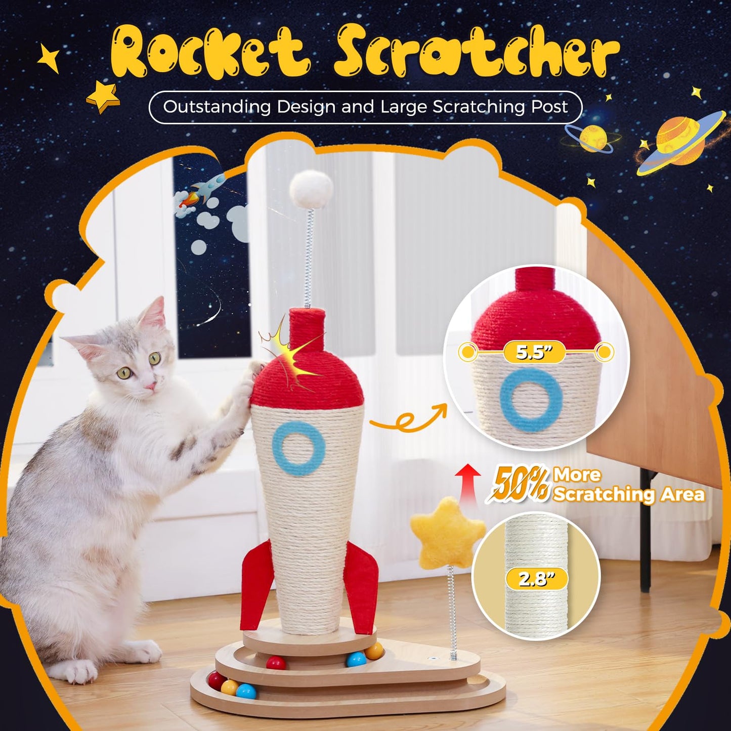 PEQULTI Rocket Design Cat Scratching Post, 24.8 Inches, Great Cat Scratching Structure for Indoor Cats with Cat Toy, Blue & White