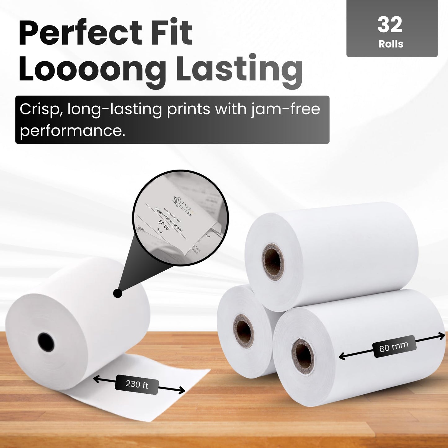 32 Rolls - 3 1/8" (80mm) x 230' - Lark & Linden Thermal Receipt Paper fits All Cash Registers and POS Machines, BPA-Free, Premium Quality