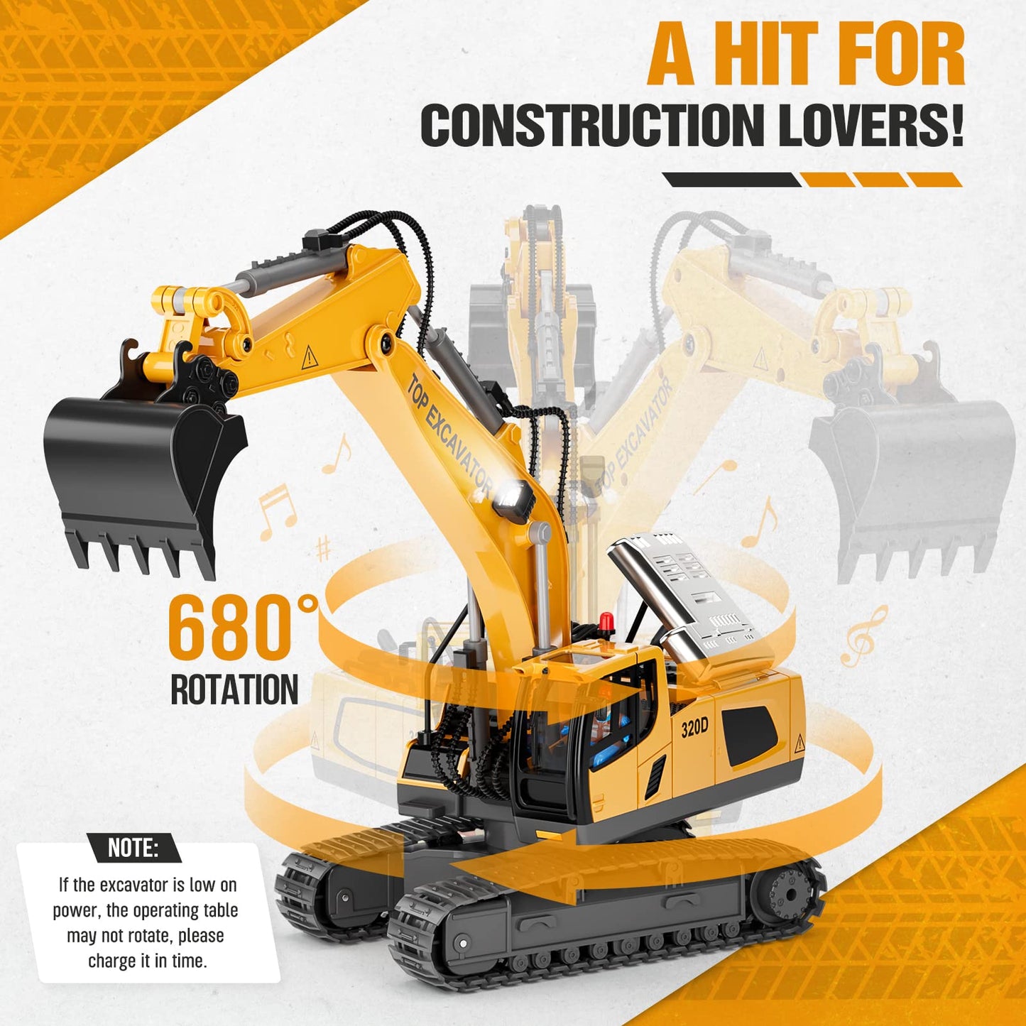 NOKA Remote Control Excavator Toys - 11CH RC Excavator Toys, RC Engineering Truck Toy with Rechargeable 2×1200mAh Battery, Metal Shovel, Lights Sound, Christmas Birthday Gift for Boys Kids Age 3+