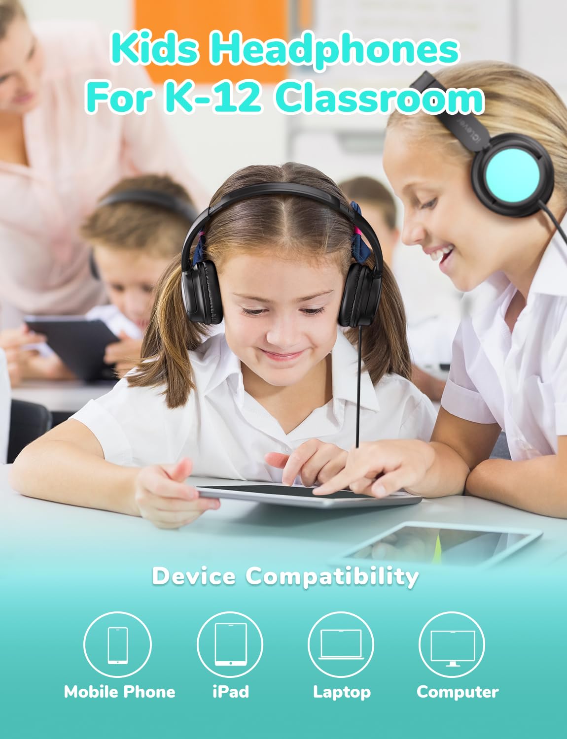 iClever Kids Wired Headphones for School Students K-12 & Teachers, Durable PP Material, Tangle Free, Kids Headphones with Cord Multiple Folding Options Suitable for School/Home/Travel, Bulk 5Pack