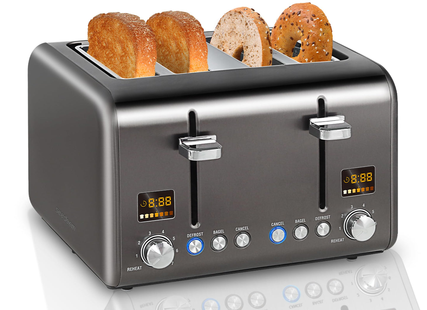 SEEDEEM 4 Slice Stainless Toaster with LCD Display, 7 Shade Settings, Wide Slots, Bagel/Defrost/Reheat Functions, Removable Crumb Tray, 1800W
