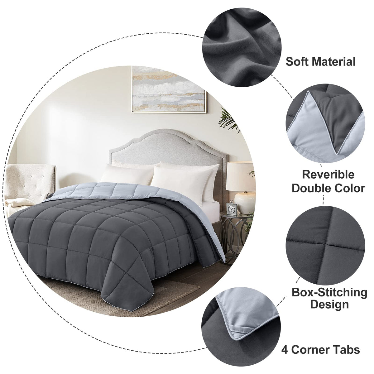 Homelike Moment Comforters Queen Size - Grey Duvet Insert Down Alternative Bed Queen Comforter, Lightweight Bedding Comforters Full Size Quilted Soft All Season Reversible Dark Gray/Light Grey