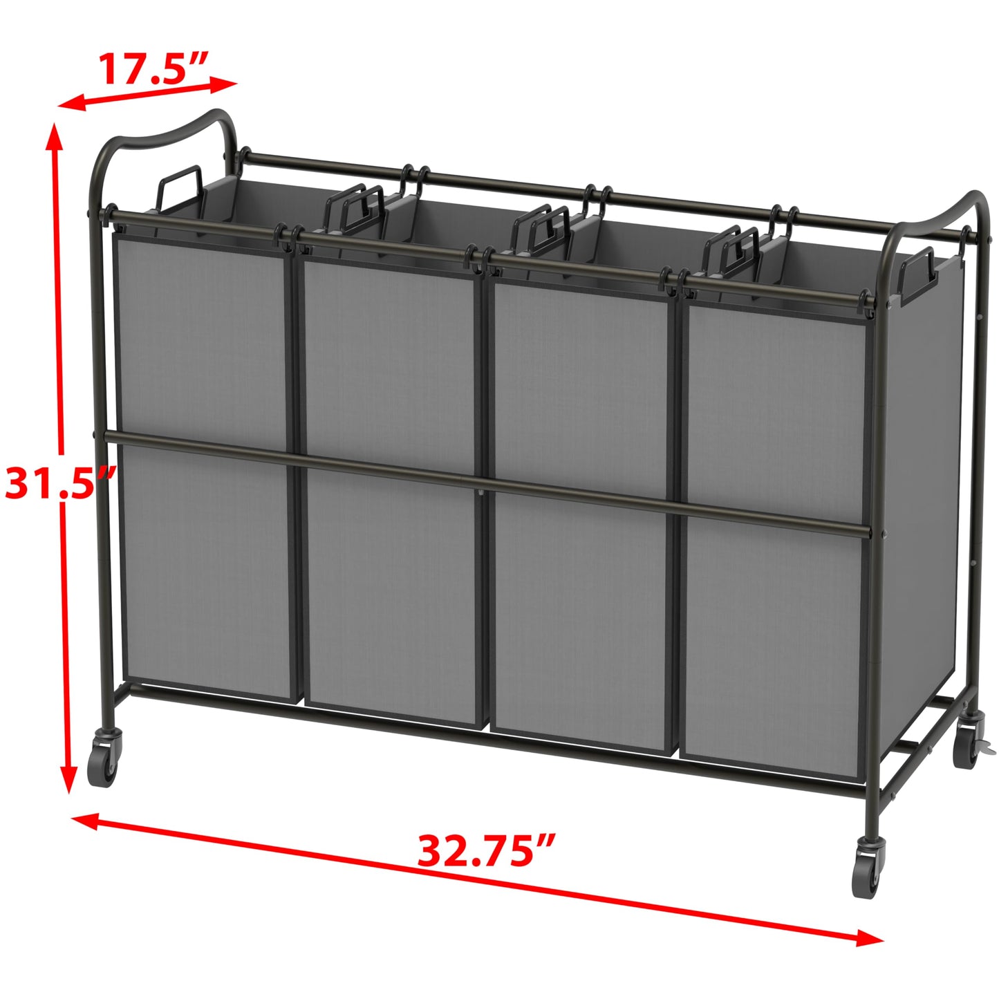 Simple Houseware 4-Section Rolling Laundry Hamper - Heavy Duty Laundry Sorter Cart with Wheels & 4 Removable Bags for Clothes Organization, Dark Grey