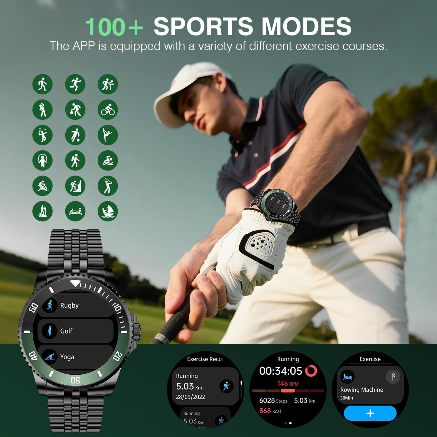 2025 DA GPT Smart Watch with Bluetooth Call, Heart Rate, Stress, Blood Oxygen, Sleep Monitor, 107 Sports Modes, Waterproof Round Watch, 1.19-inch AMOLED Display, Compatible Android and iOS Black Green