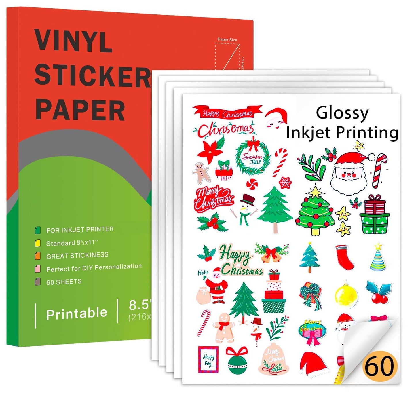 Printable Vinyl Sticker Paper for Inkjet Printer-60 Sheets Glossy White 8.5" x 11" Waterproof Labels Paper, Dries Quickly, Vivid Colors, Tear Resistant, DIY Christmas Stickers