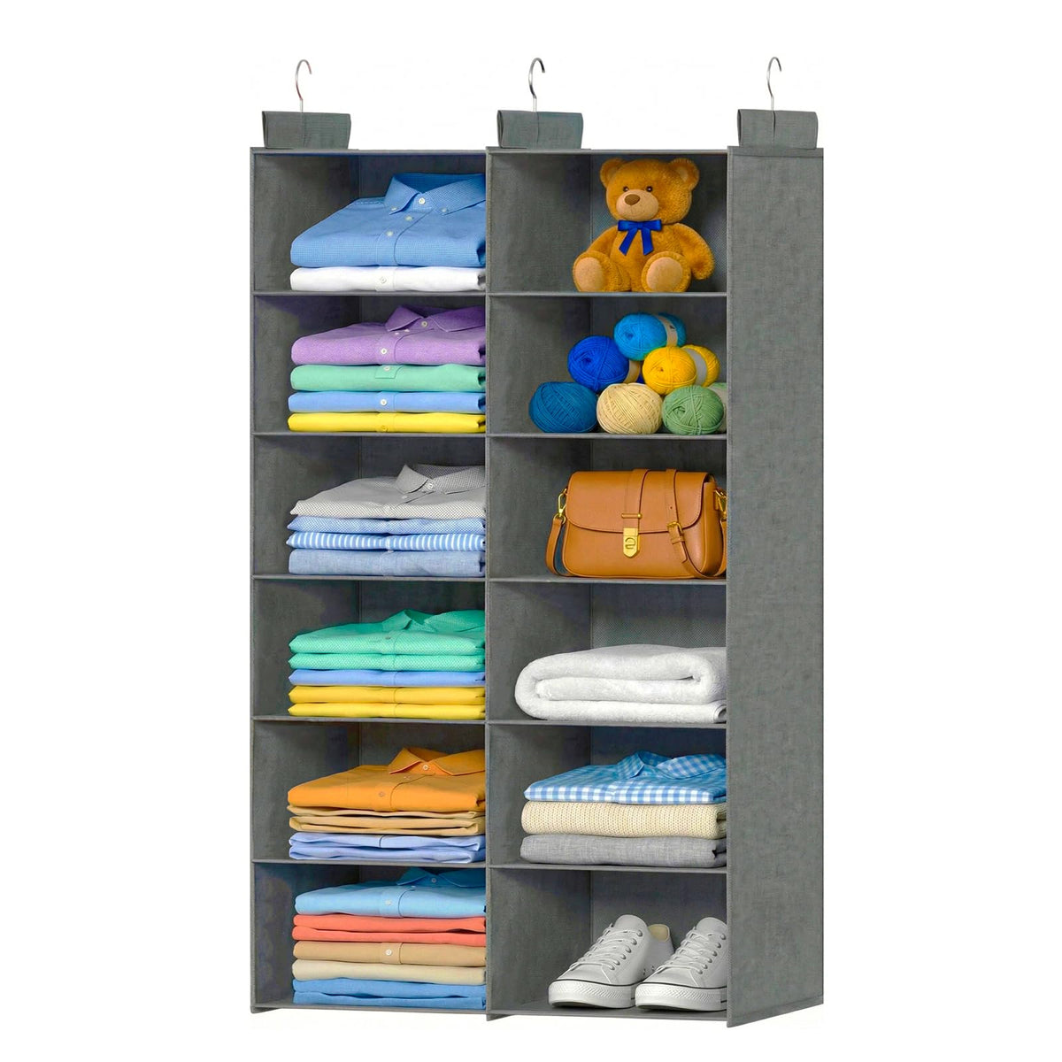 ALLTIDYUP Dual-Row Hanging Closet Organizer – Foldable Clothes Storage Shelves with 3 Hooks, Space-Saving Wardrobe Organizer for Dorm Rooms, Bedroom or Closet (Grey, 6 Tier)
