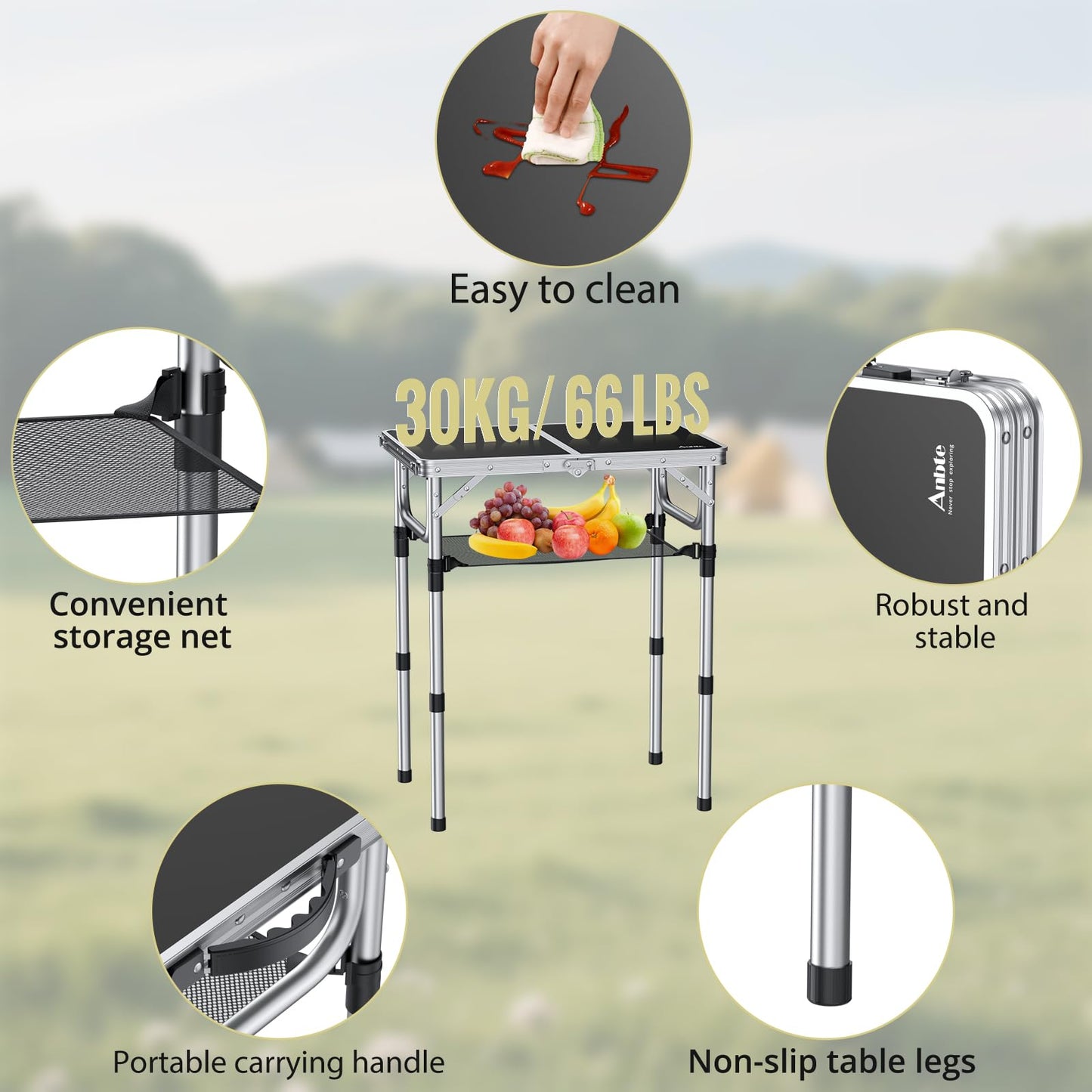 Anbte Folding Camping Table with Storage Net, 3 Adjustable Heights Aluminum Outdoor Tables, Lightweight, Waterproof, for Outdoor Indoor Picnic Beach Kitchen Picnic Backyard, 24" x 16", Black