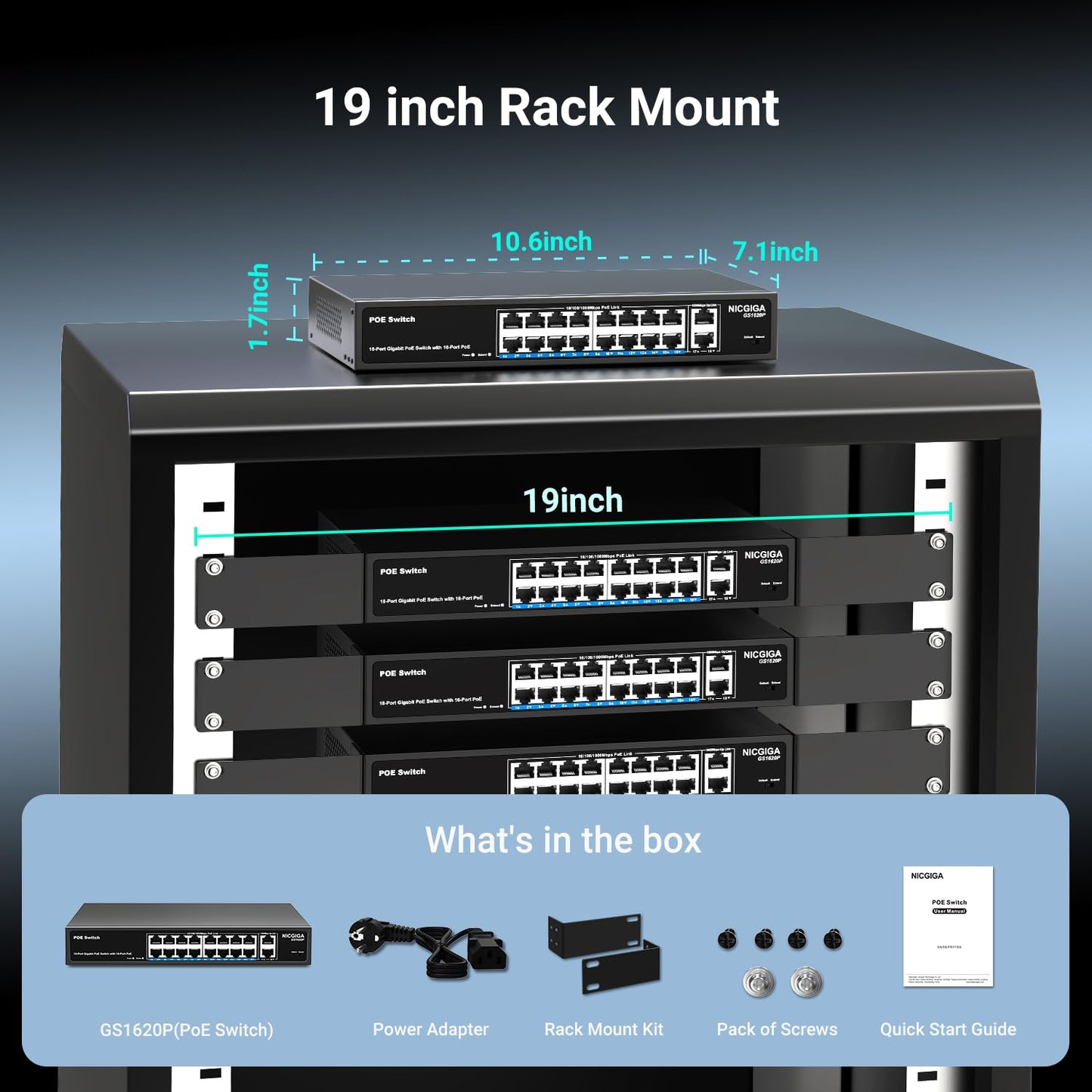 16 Port Gigabit PoE Switch Unmanaged, 16 Port PoE+@250W, 2 Gigabit Uplink Ports, NICGIGA 18 Port Gigabit Network Power Over Ethernet Switch, VLAN Mode, 19 inch RackMount, Plug and Play.