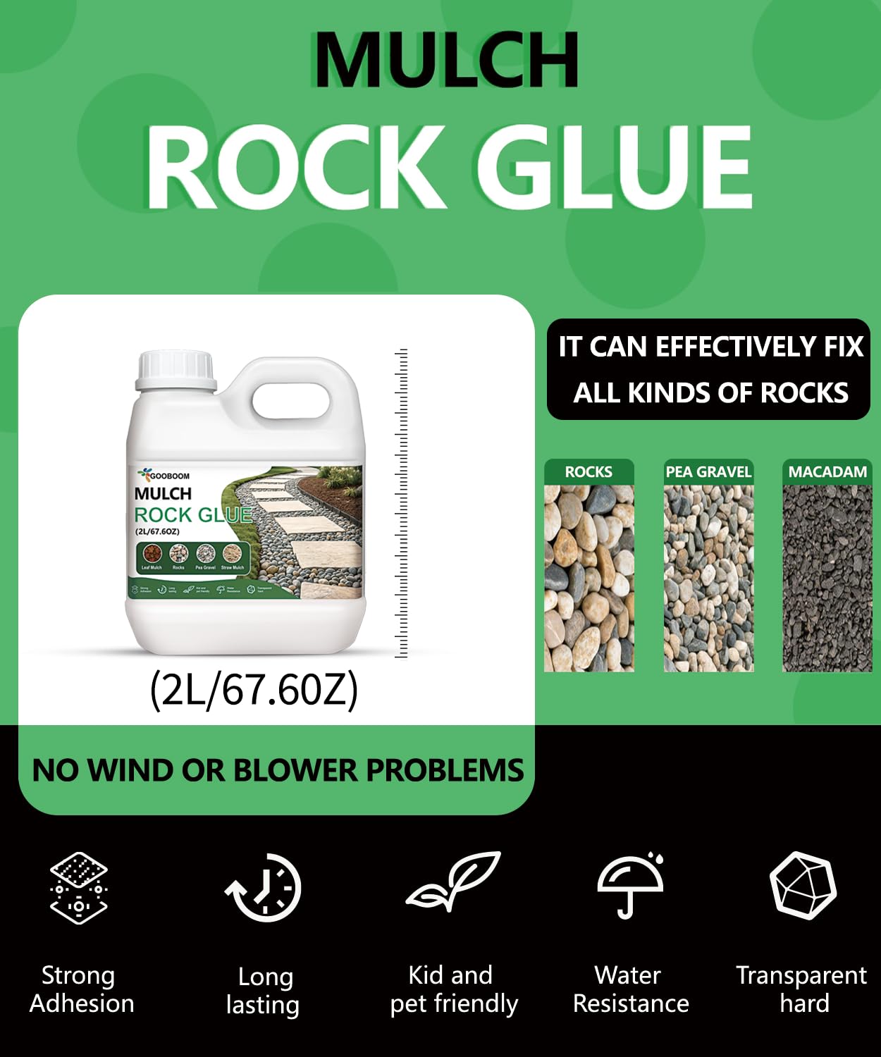 GooBoom 66.7 OZ Rock and Mulch Glue for Landscaping – Clear Drying Landscape Adhesive Spray for Gravel, Pea Gravel & Bark – Weather-Resistant Outdoor Glue for Weed Control & Decorative Appeal