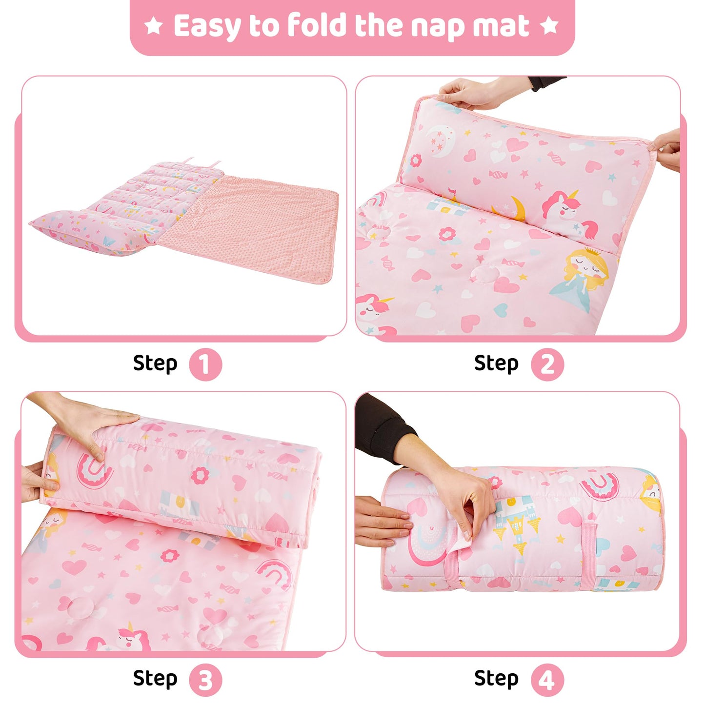 Viviland Toddler Kids Nap Mat for Preschool, Girls Pink Princess Daycare Kindergarten Nap Mat